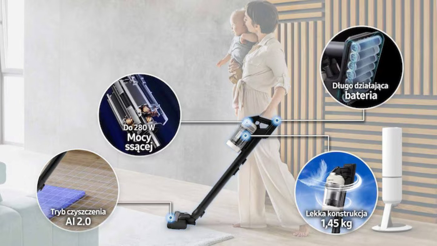 Kobieta odkurzająca odkurzaczem. Ikony pokazują moc ssania, tryb czyszczenia i lekką konstrukcję.