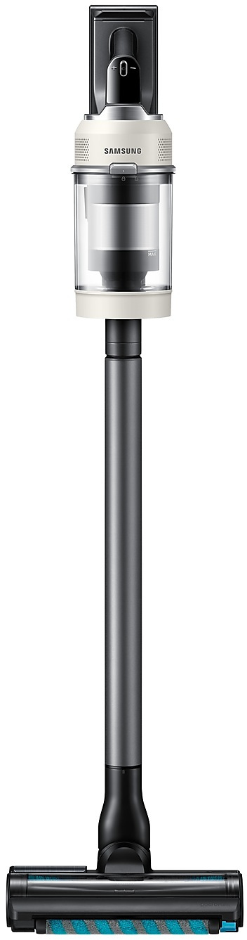 Biało-czarny odkurzacz Samsung stoi pionowo. Ma długą rurę i głowicę czyszczącą.