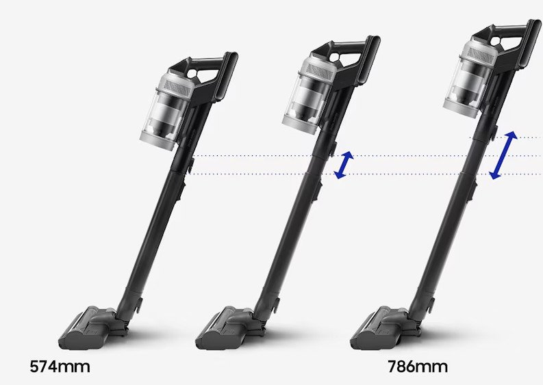 Trzy odkurzacze Samsung pokazują regulowane wysokości, z wymiarami 574 mm i 786 mm.