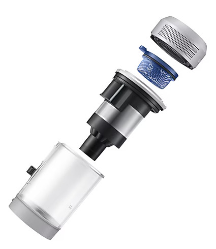 Widok rozstrzelony odkurzacza Samsung pokazujący jego zdemontowane elementy.