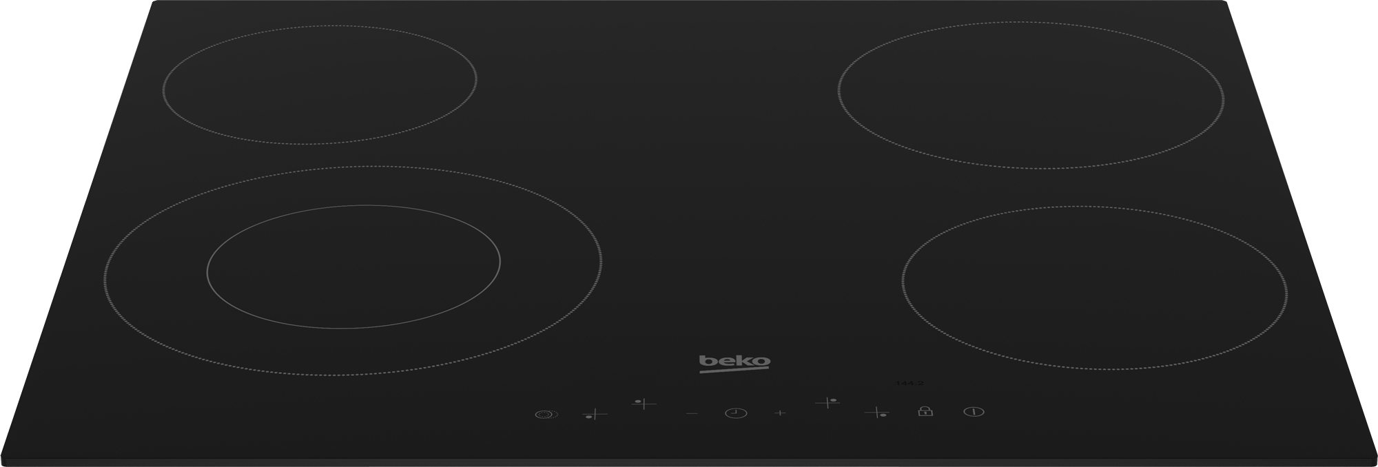 Schwarzes Kochfeld mit vier Kochzonen und Touch-Bedienelementen, Beko-Logo.