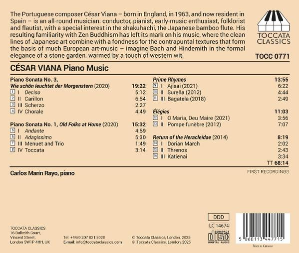 Rückseite mit Text: César Viana Piano Music, Titelliste, Details, Toccata Classics Logo und Informationen.