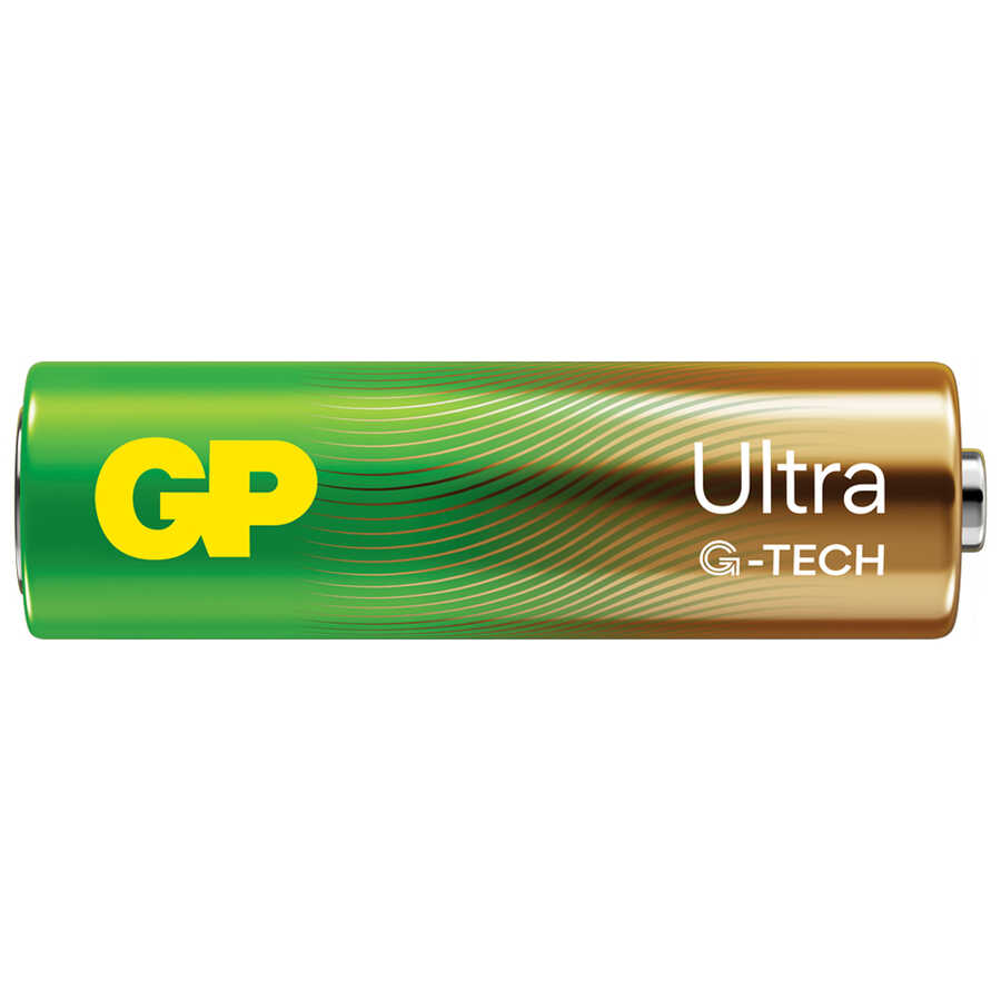 Tek bir GP Ultra Alkaline pil. Sarı GP logolu yeşil gövde. Altın Ultra metni.
