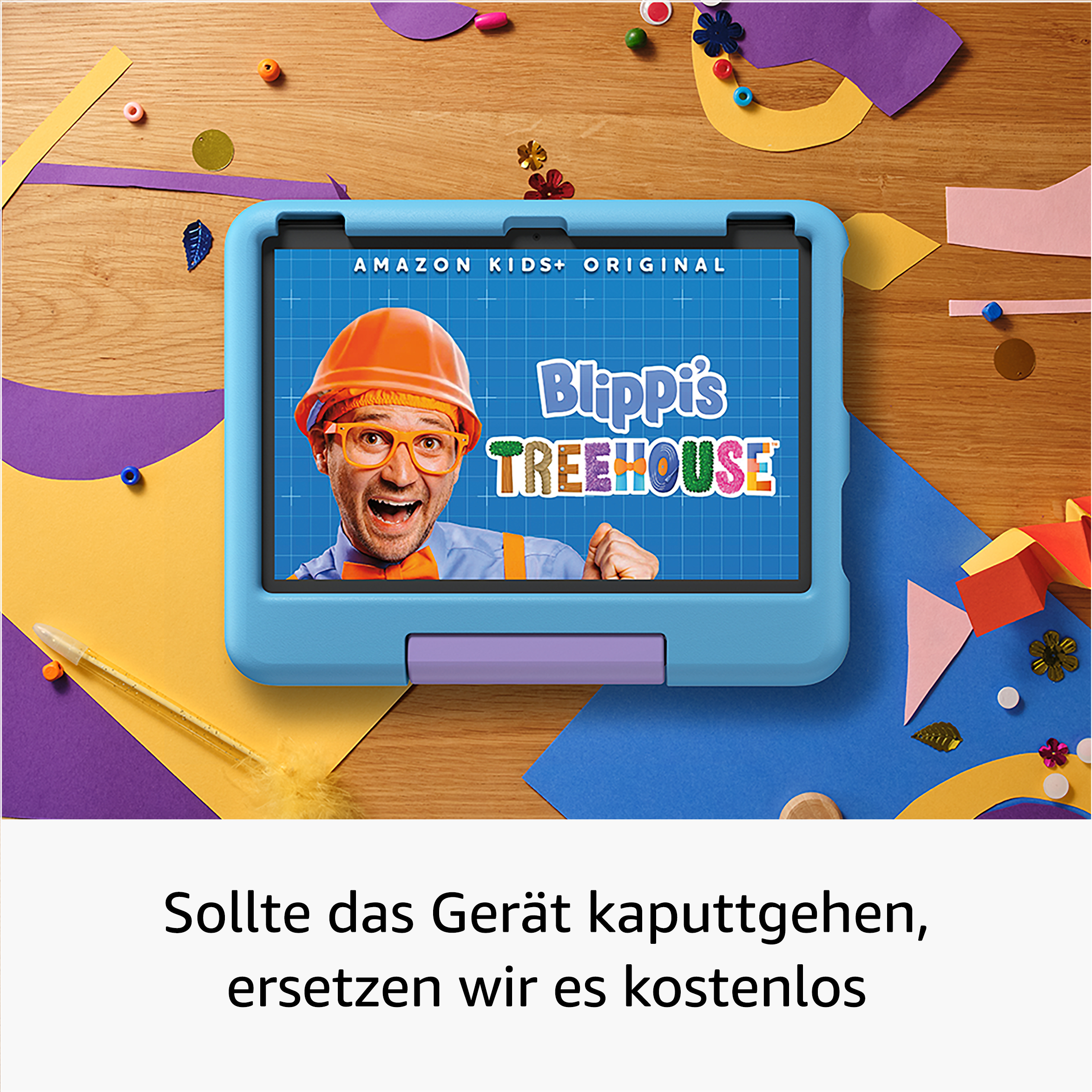 Blaues Tablet mit Blippi's Treehouse. Ein Mann mit orangenem Helm und Brille ist auf dem Bildschirm.