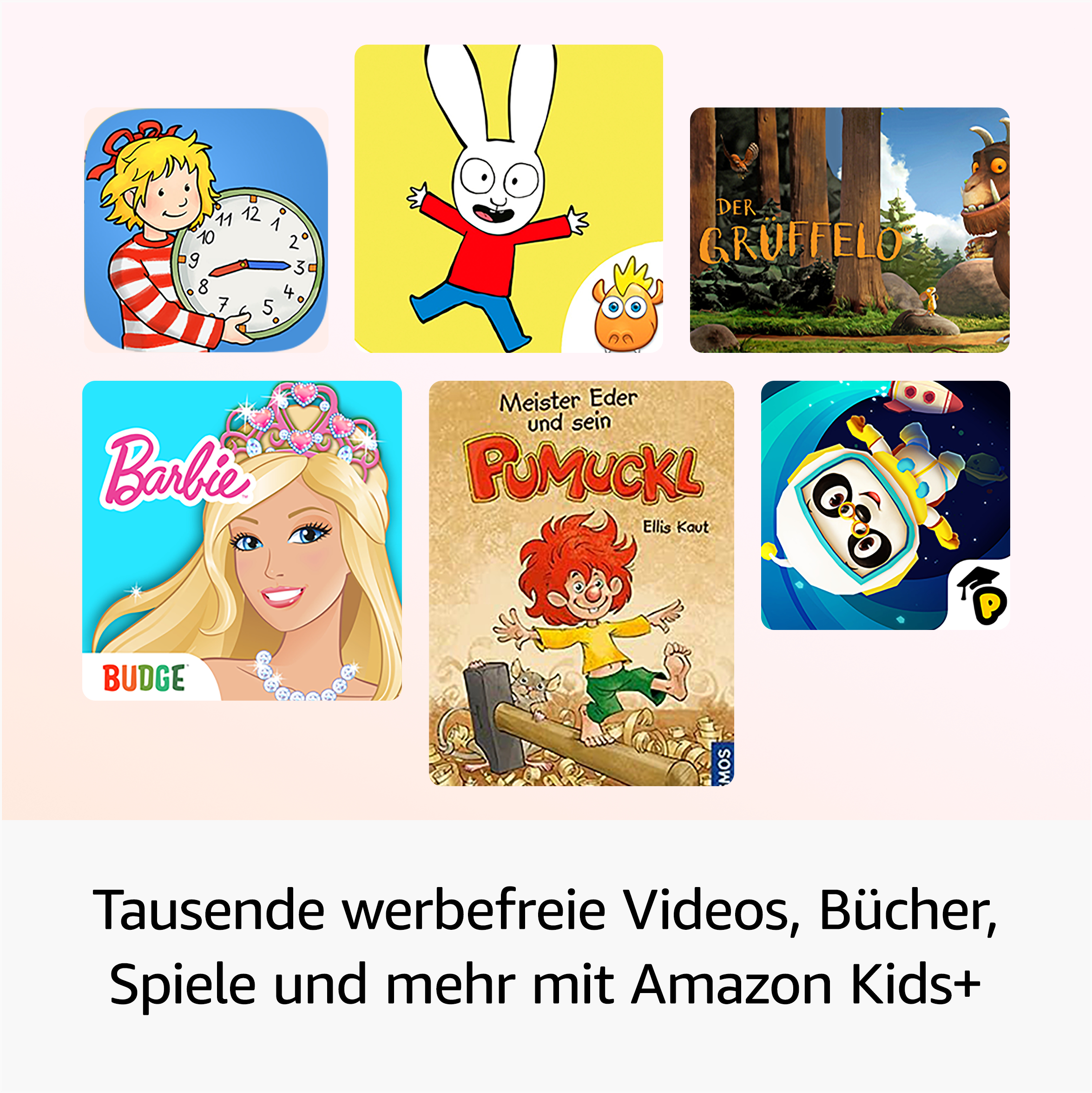 Verschiedene farbige App-Symbole auf einem Bildschirm. Zeigt Illustrationen von Charakteren wie einem Hasen und einer Prinzessin.