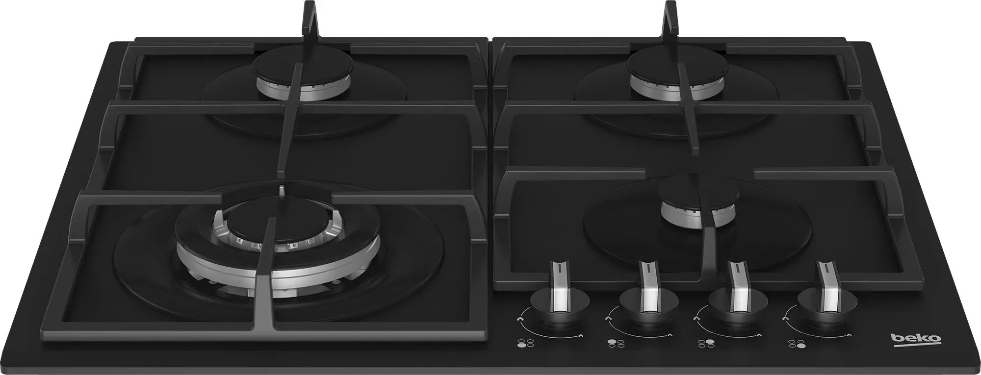 Czarna płyta gazowa z czterema palnikami, czarnymi rusztami i srebrnymi pokrętłami. Marka Beko.