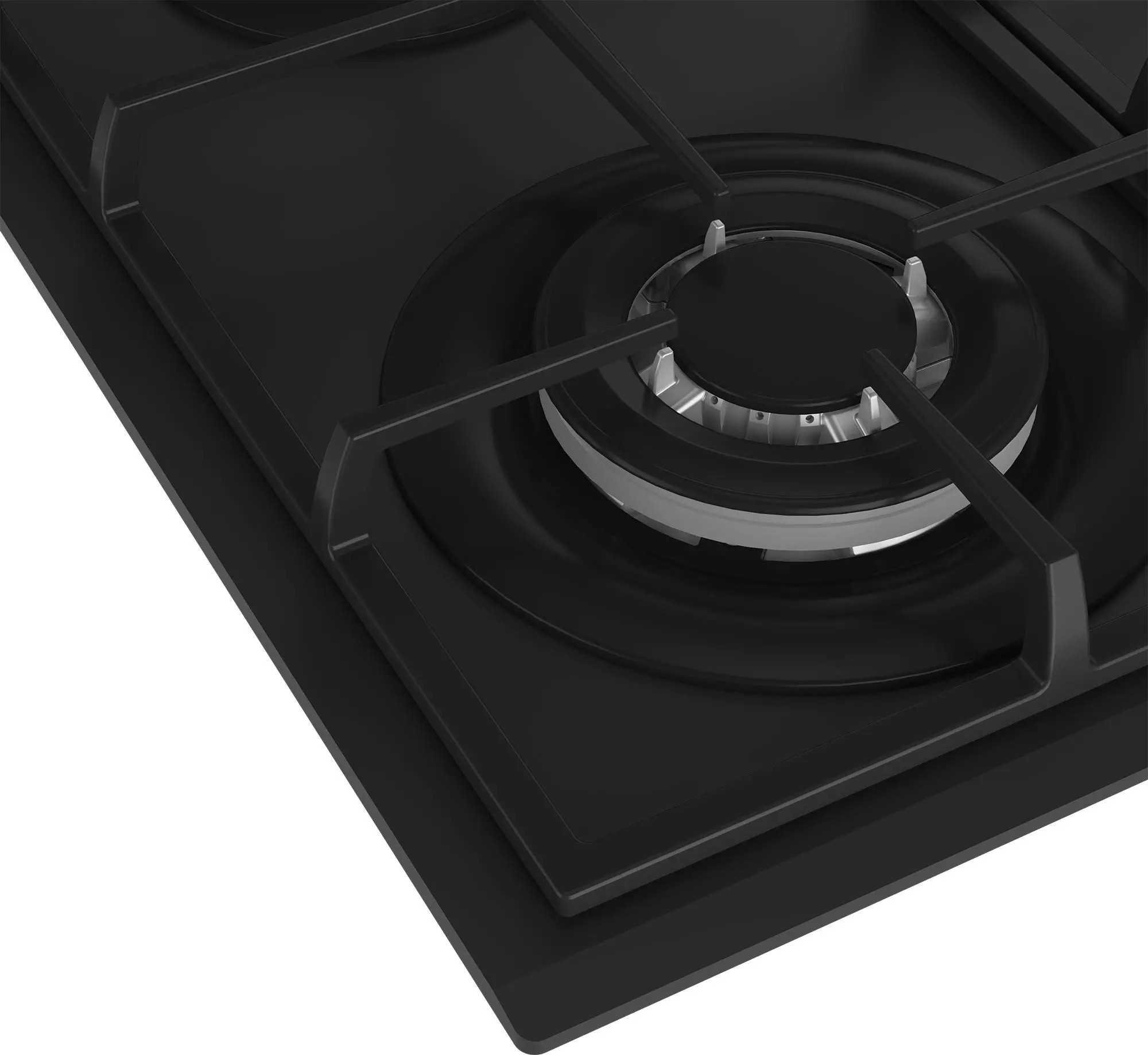 Zbliżenie palnika czarnej płyty gazowej z czarnym rusztem i srebrnymi detalami. Skupienie na palniku.