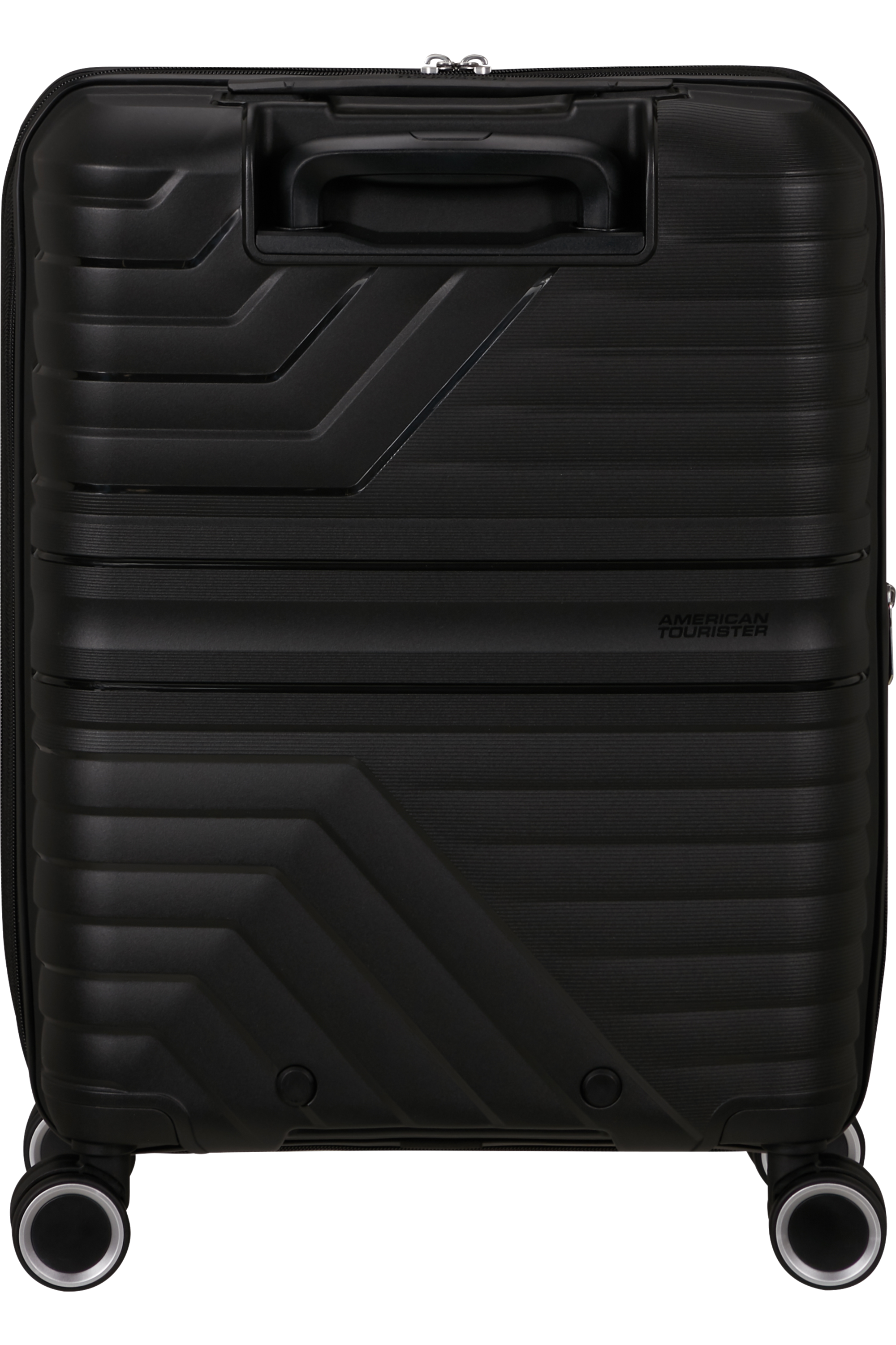 Schwarzer Koffer, Rückansicht. Das Logo American Tourister befindet sich in der Mitte. Die Oberfläche ist geriffelt.