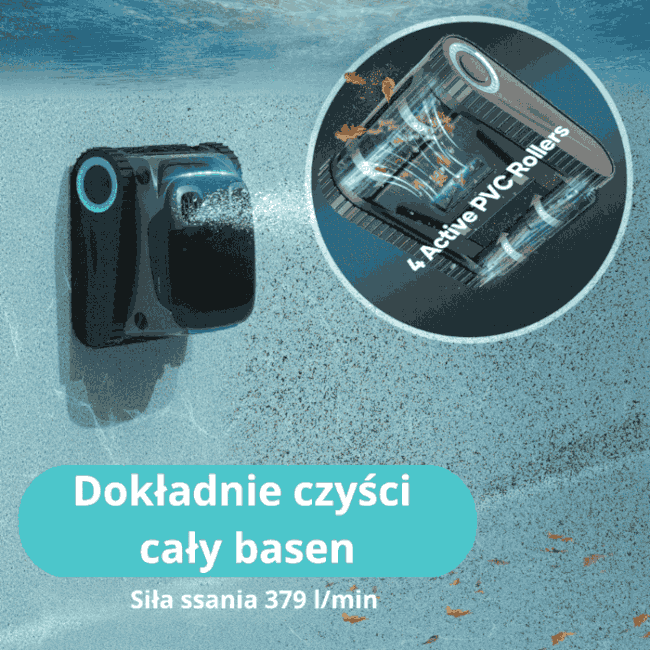 Robot czyszczący basen czyszczący basen, z tekstem mówiącym: Dokładnie czyści cały basen.