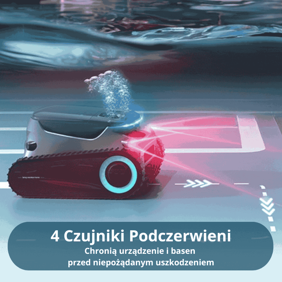 Robot czyszczący basen z tekstem: 4 czujniki na podczerwień, chroniące urządzenie i basen przed uszkodzeniem.