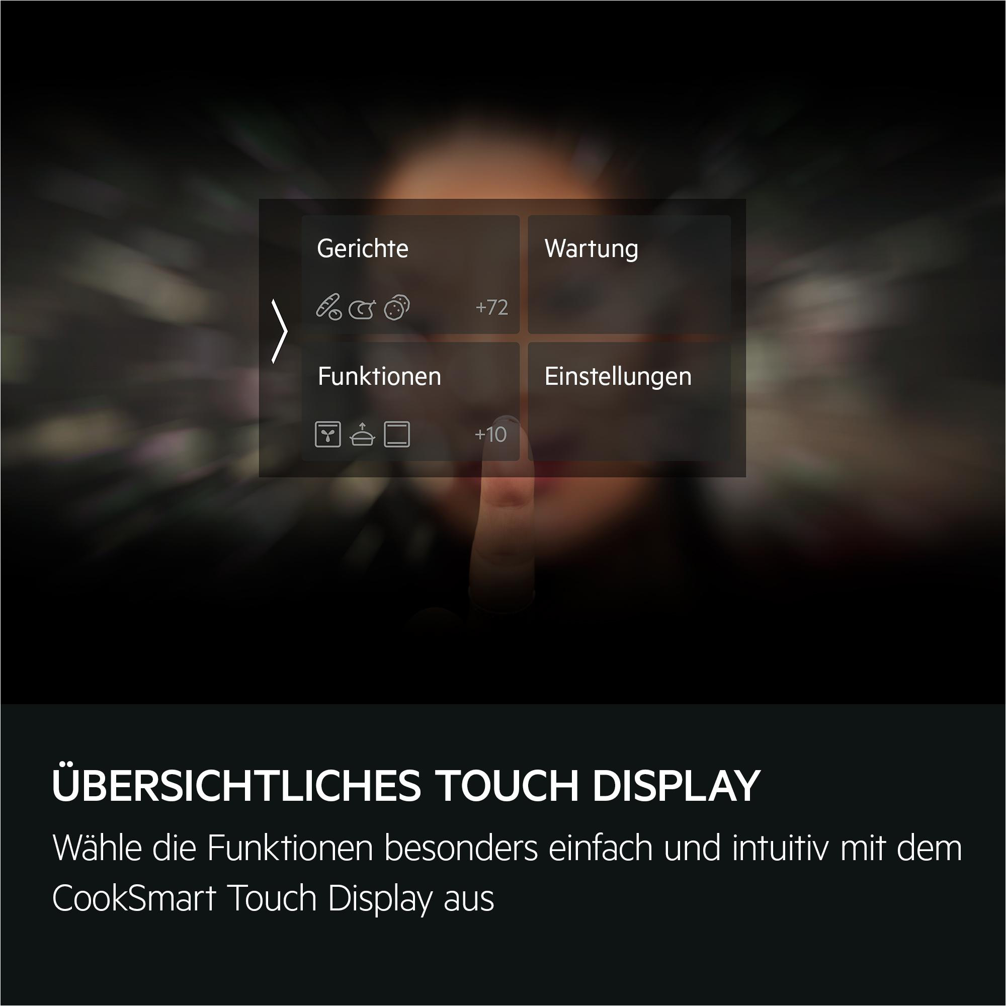 Touchscreen-Oberfläche mit Optionen für Gerichte, Einstellungen und Funktionen.