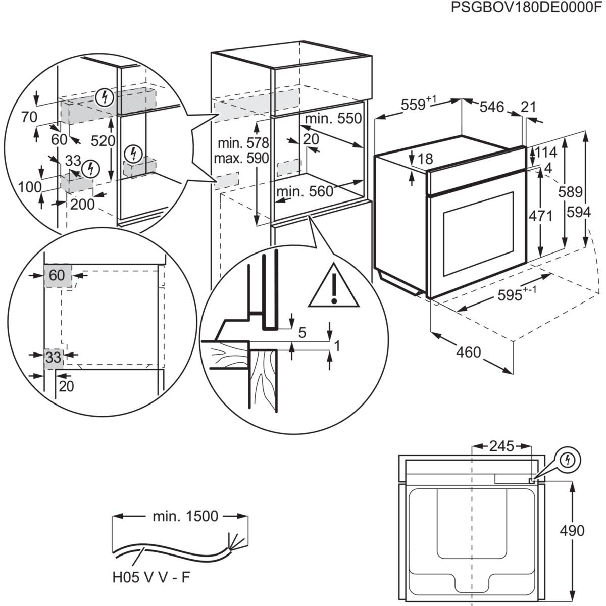 Technische Zeichnung eines Ofens mit Maßen und Details für die Installation.