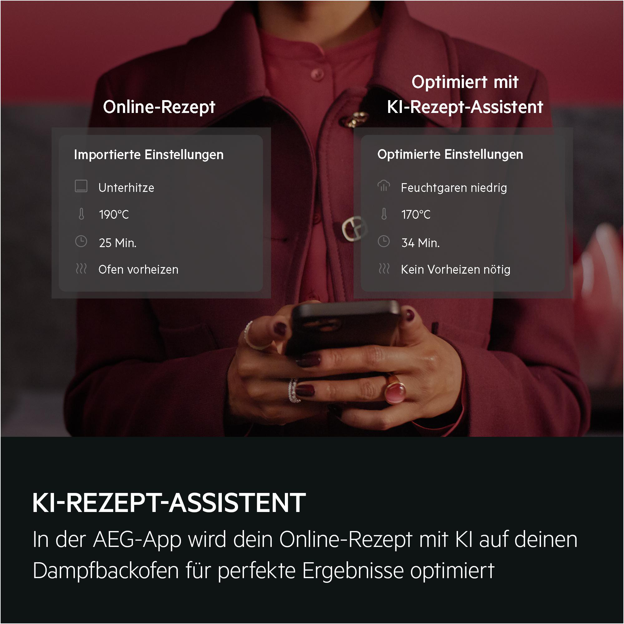 Hände halten ein Telefon mit Rezepteinstellungen auf dem Bildschirm, mit Text und Essensbildern.