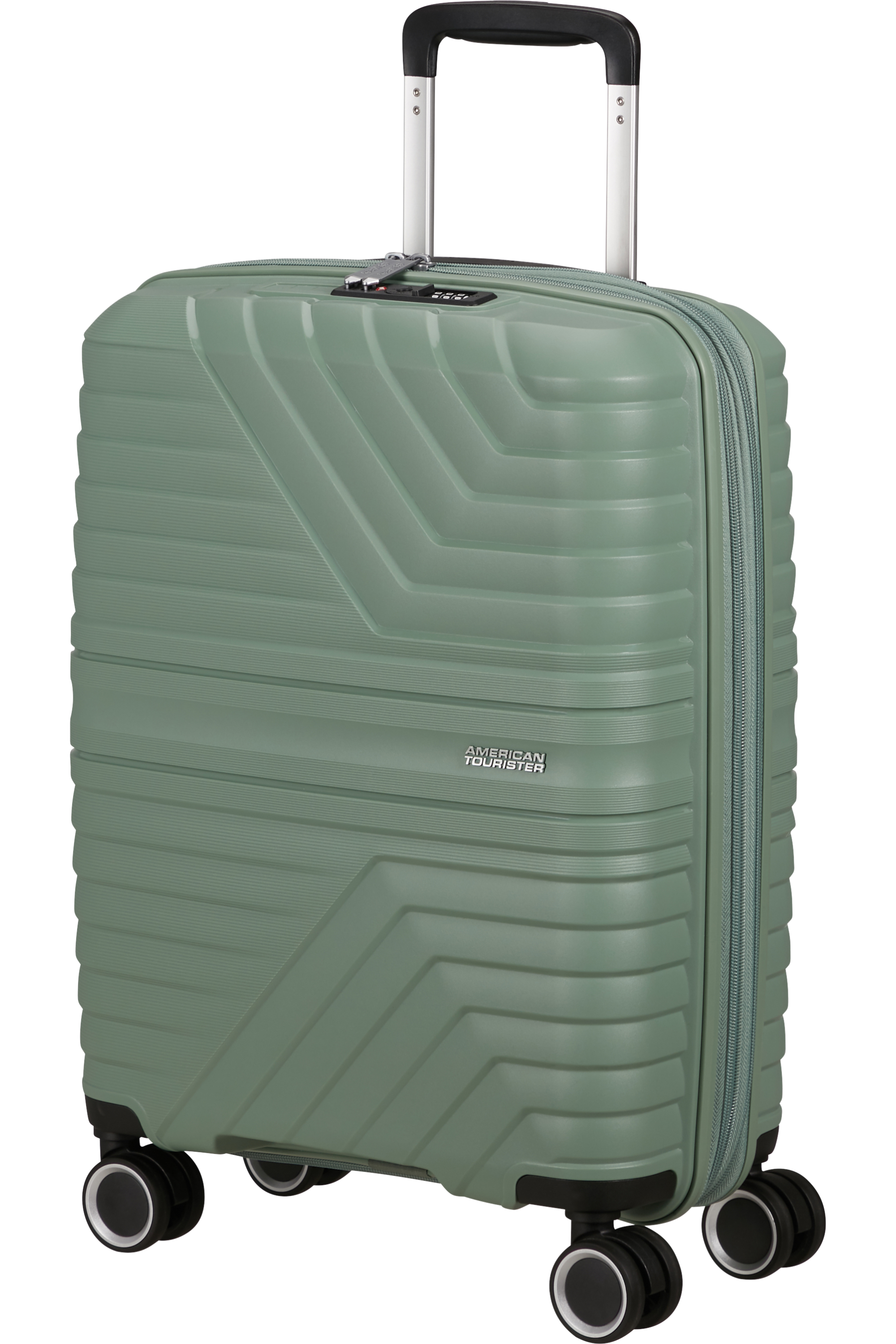 Grüner American Tourister Koffer von der Seite mit hochgezogenem Griff.