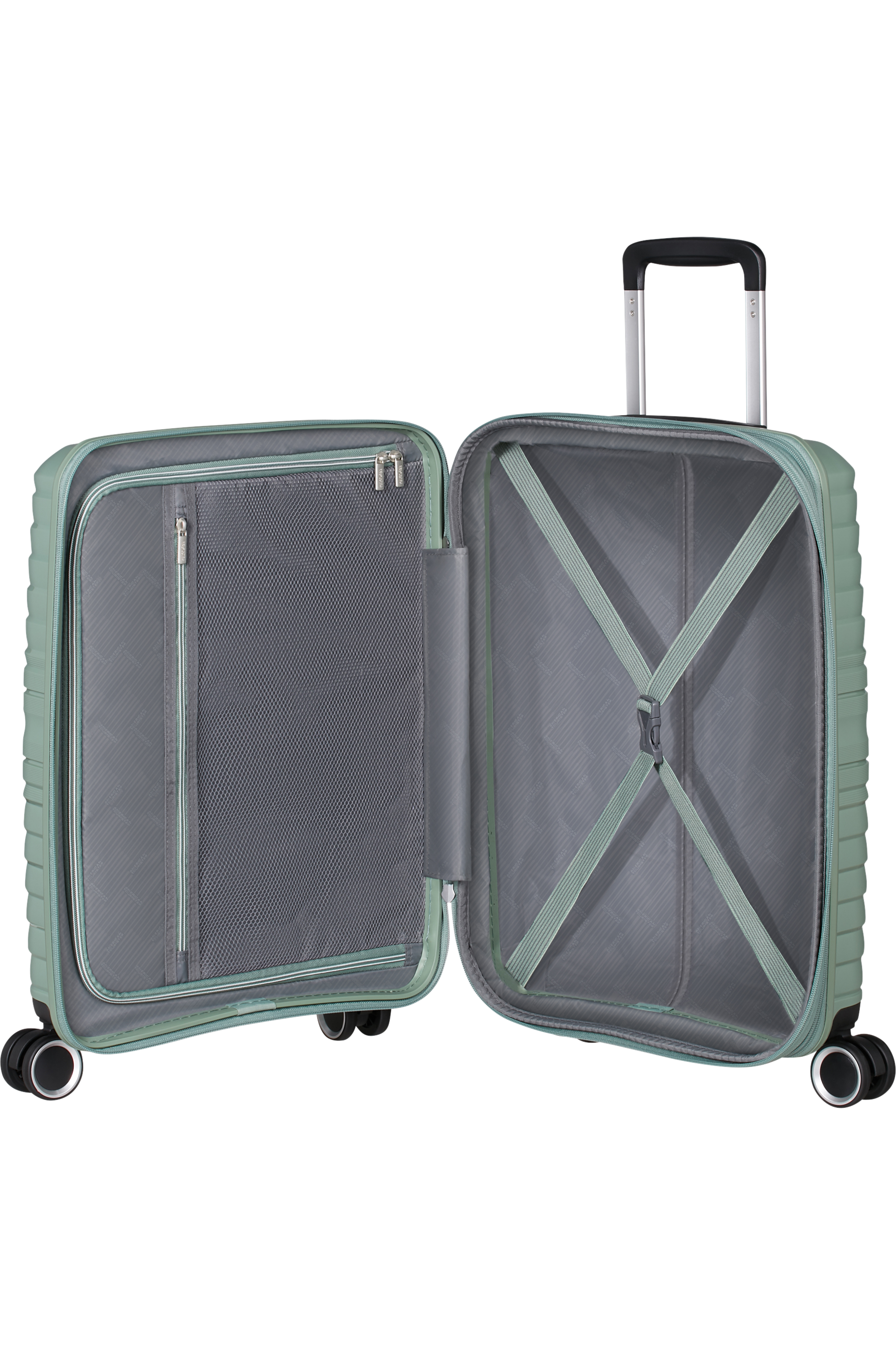 Grüner American Tourister Koffer offen, Innenraum zeigend.