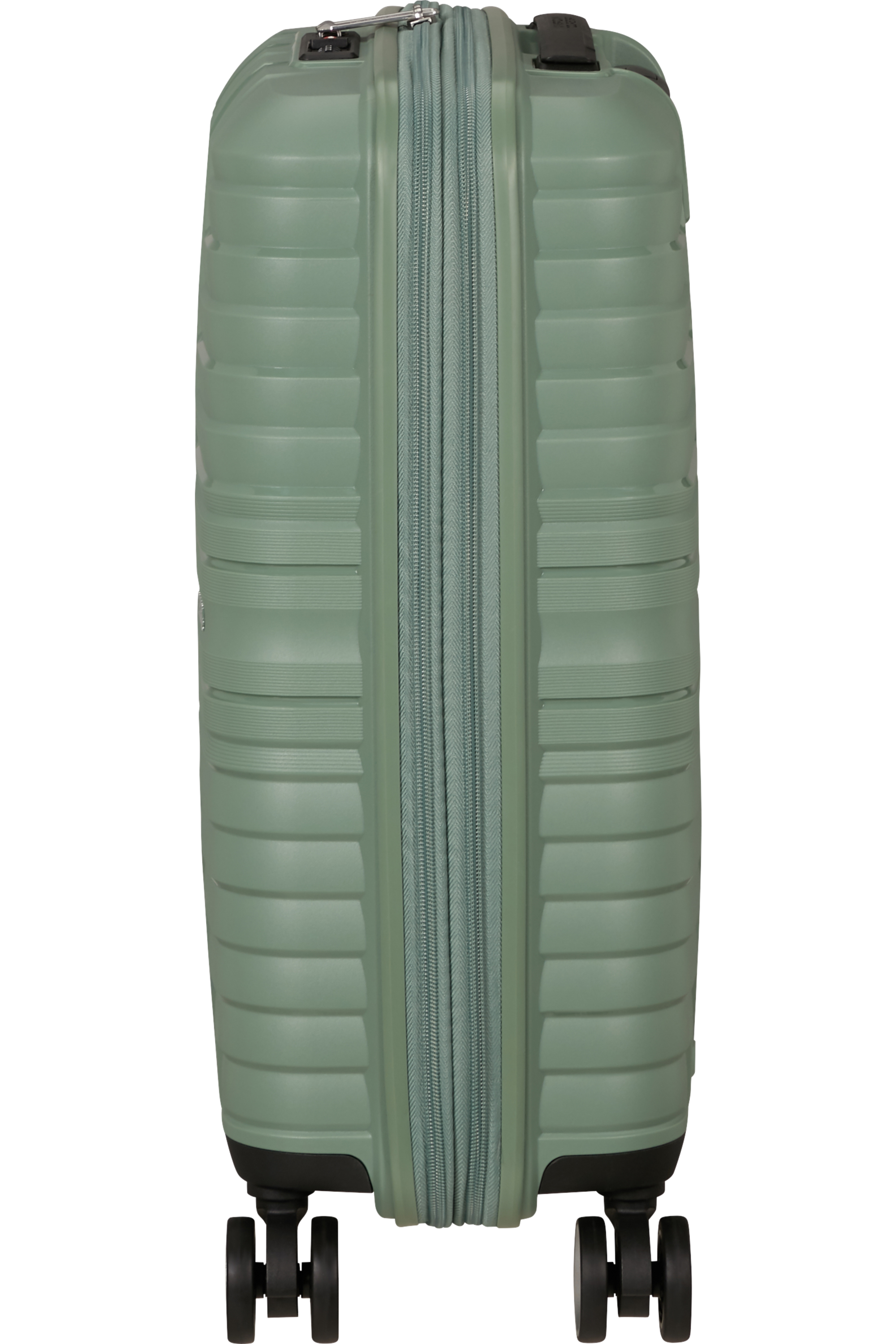 Grüner American Tourister Koffer von hinten, Reißverschluss sichtbar.