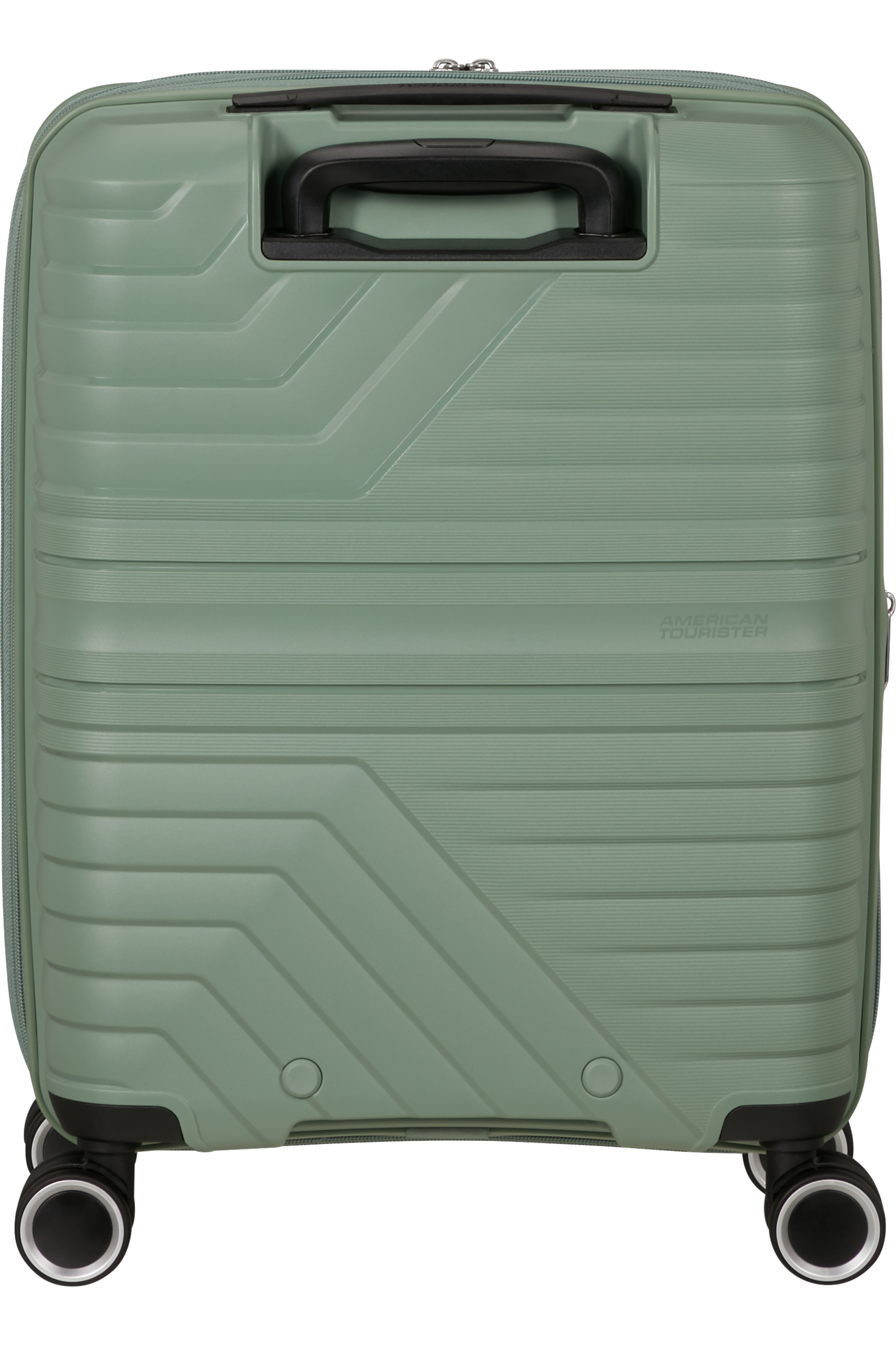 Rückseite des grünen American Tourister Koffers mit Rädern und Griff.