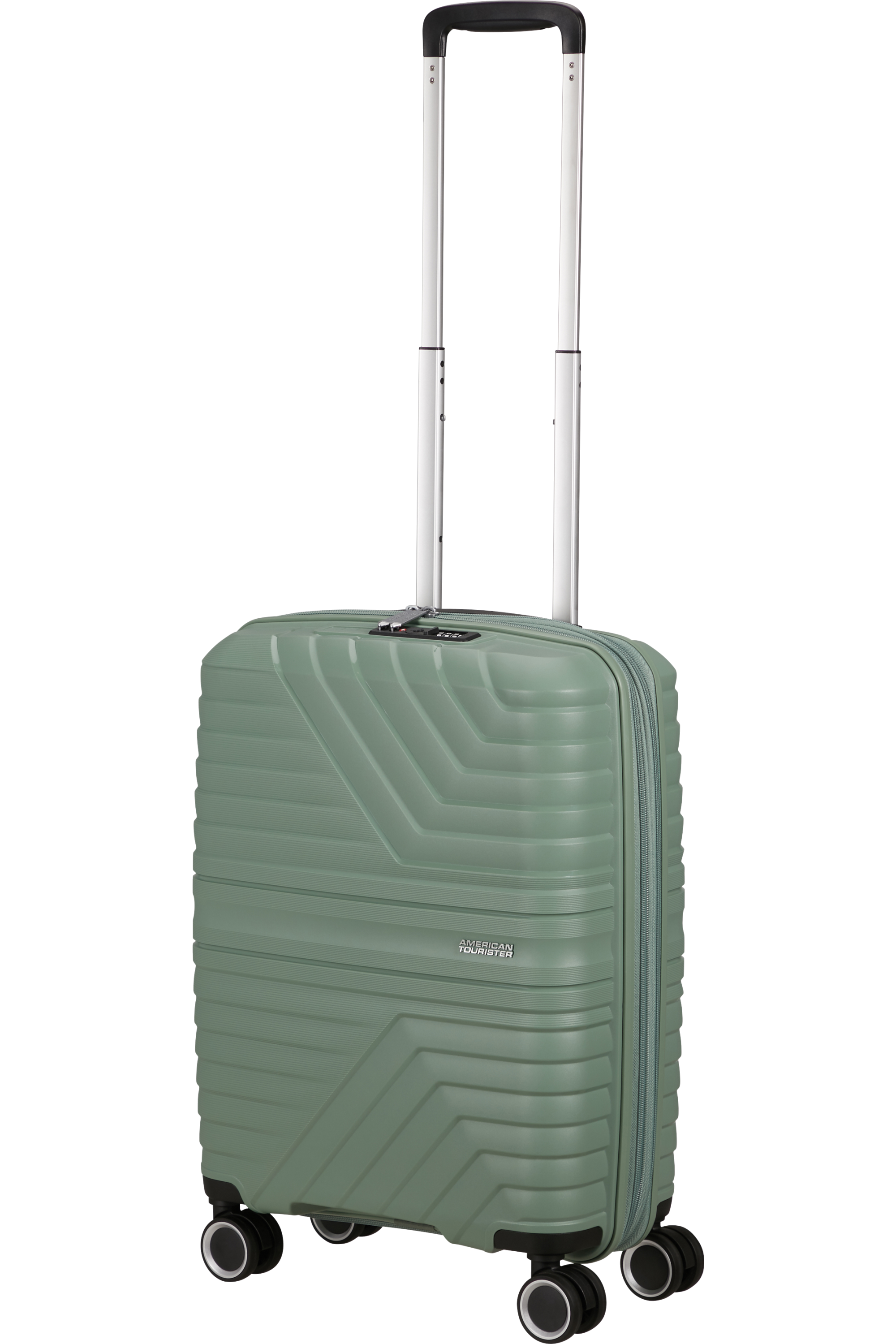 Grüner American Tourister Koffer mit hochgezogenem Griff.