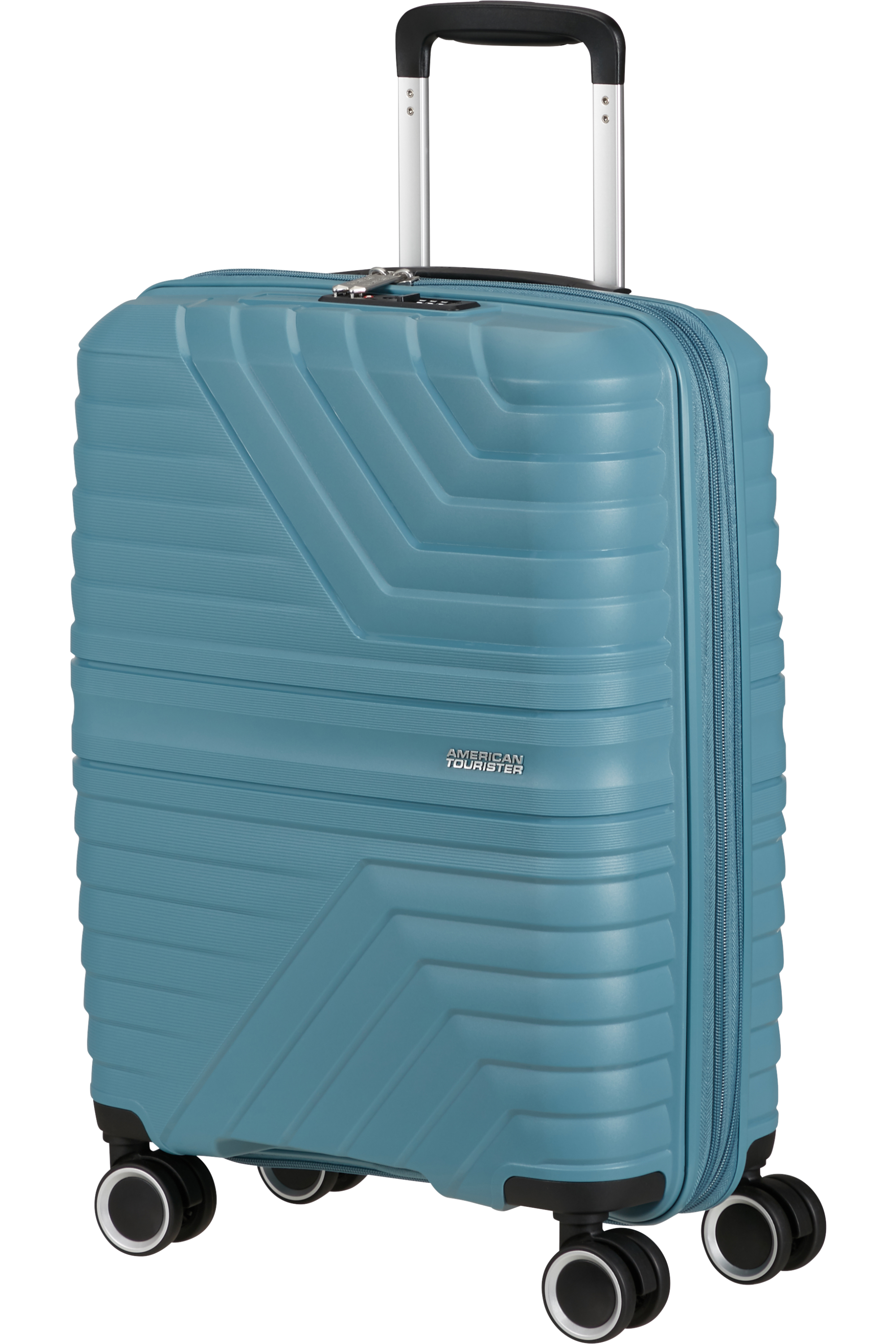 Blauer Koffer mit Griff und Rädern. American Tourister Logo. Schwarzer Hintergrund.