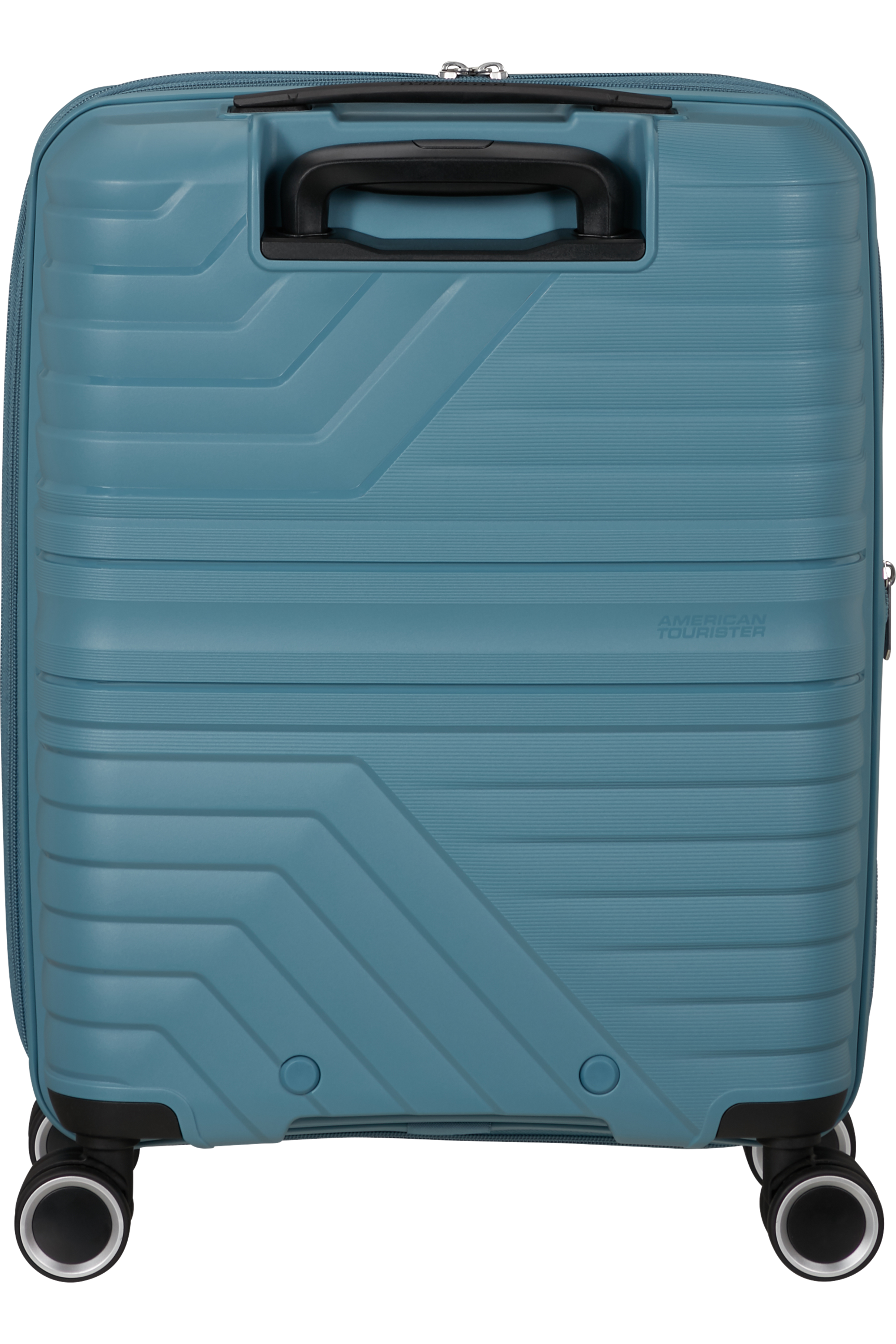 Rückansicht eines blauen Koffers. Griff, Räder und American Tourister Logo. Schwarzer Hintergrund.