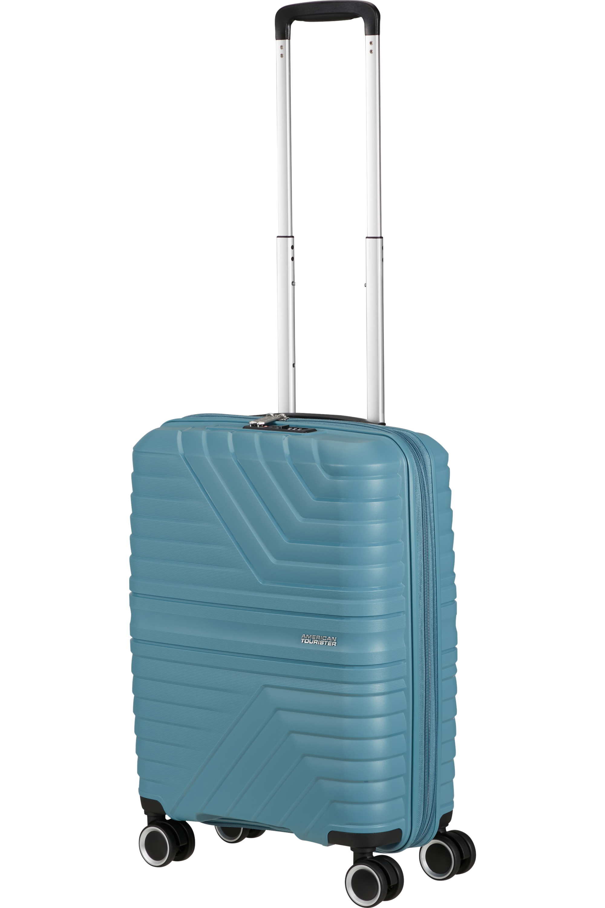 Blauer Koffer mit Griff und Rädern. American Tourister Logo. Schwarzer Hintergrund.