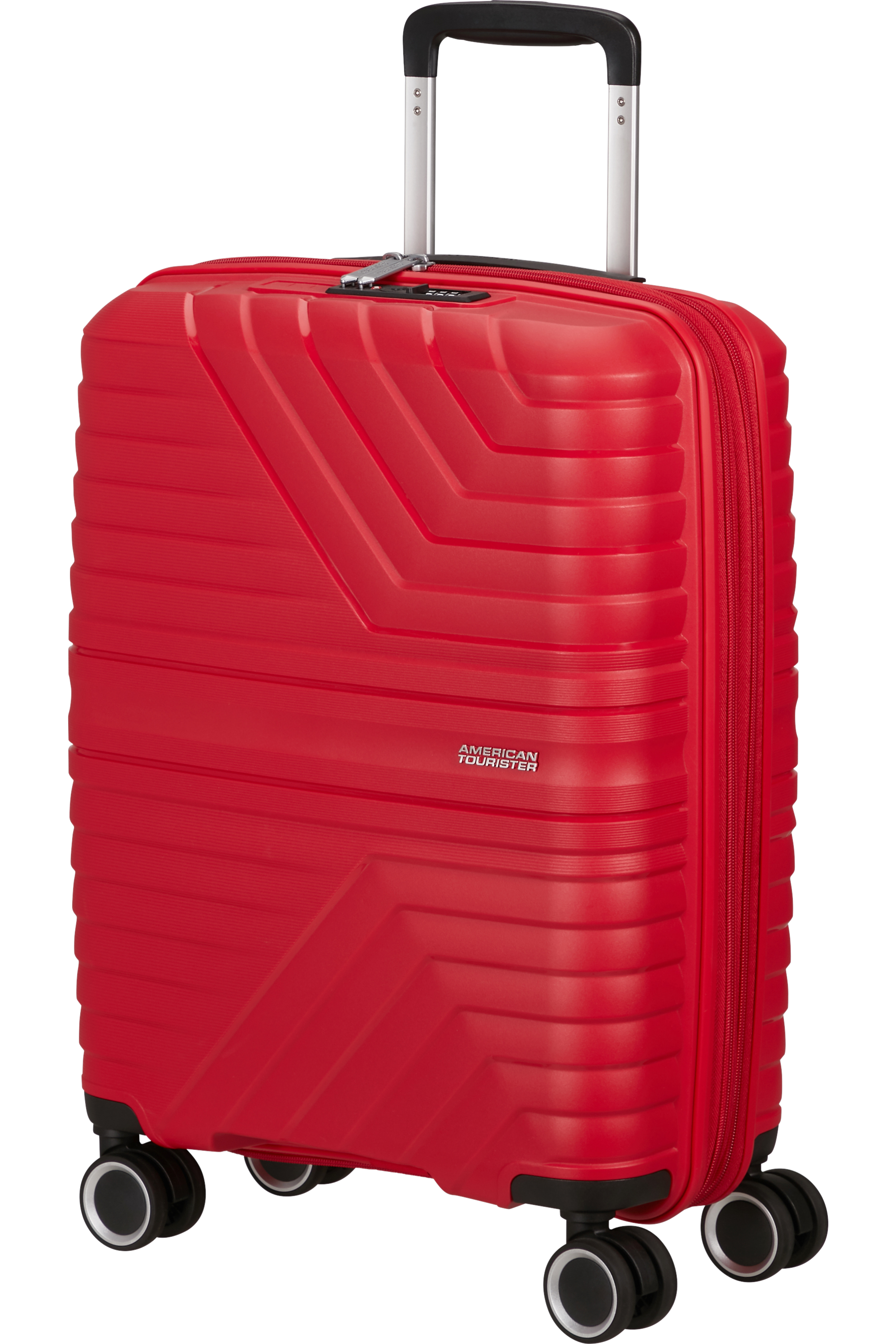 Ein roter American Tourister-Koffer mit ausgezogenem Griff. Vier schwarze Räder sind sichtbar.