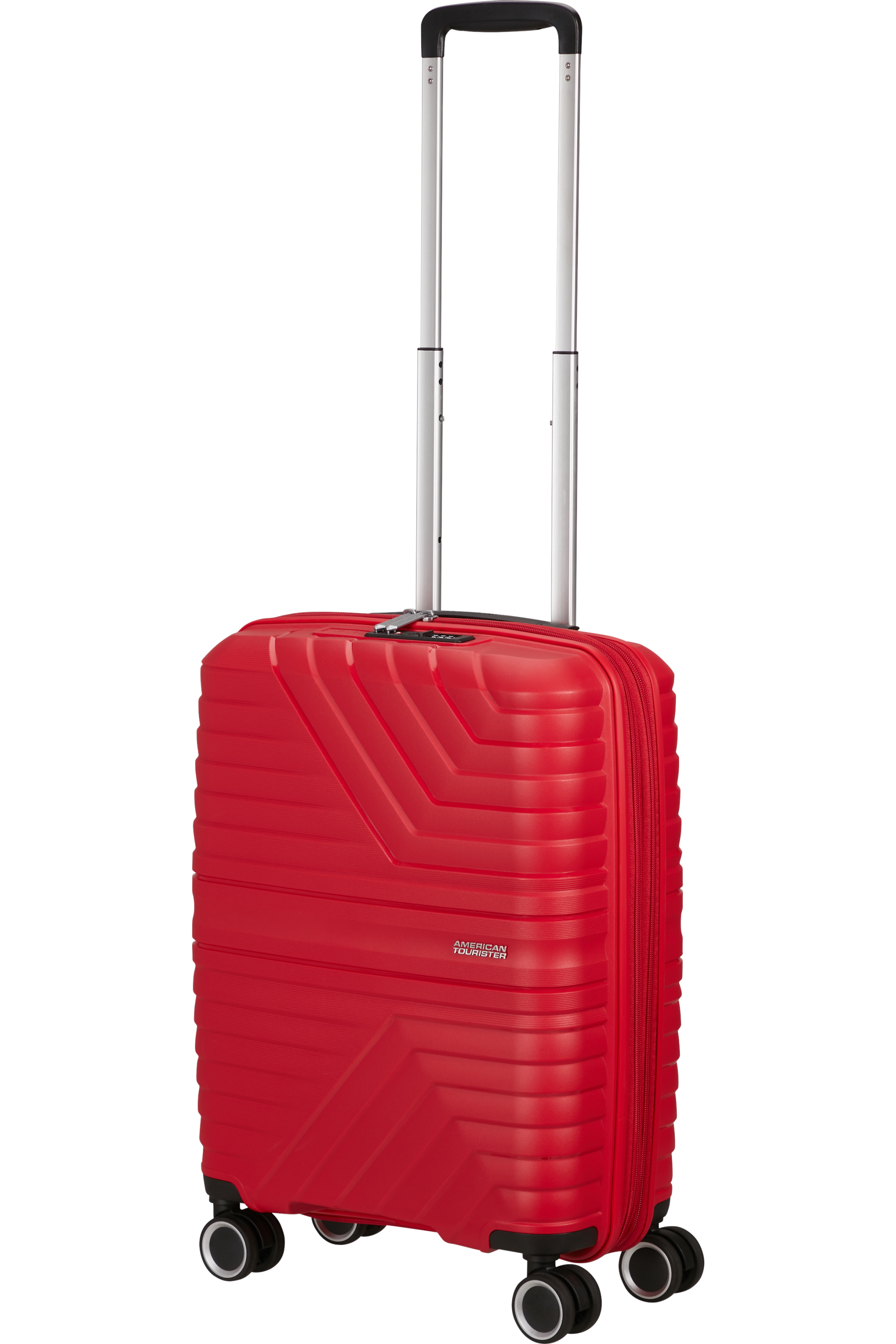 Roter Koffer mit ausgezogenem Griff. Vier schwarze Räder. Das American Tourister Logo ist sichtbar.