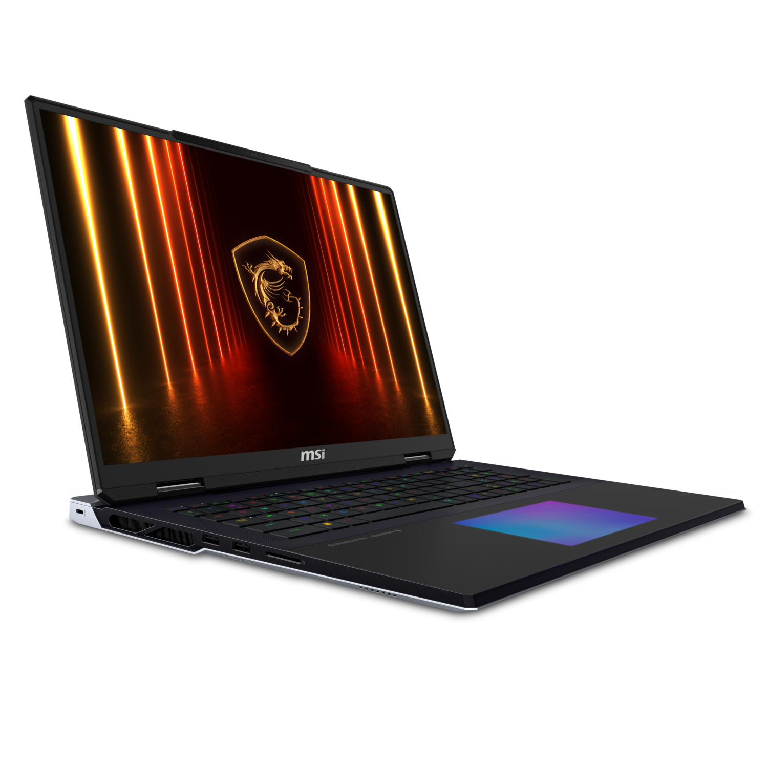 Black MSI laptop, open, dragon logo on screen, orange and yellow background. Black background.