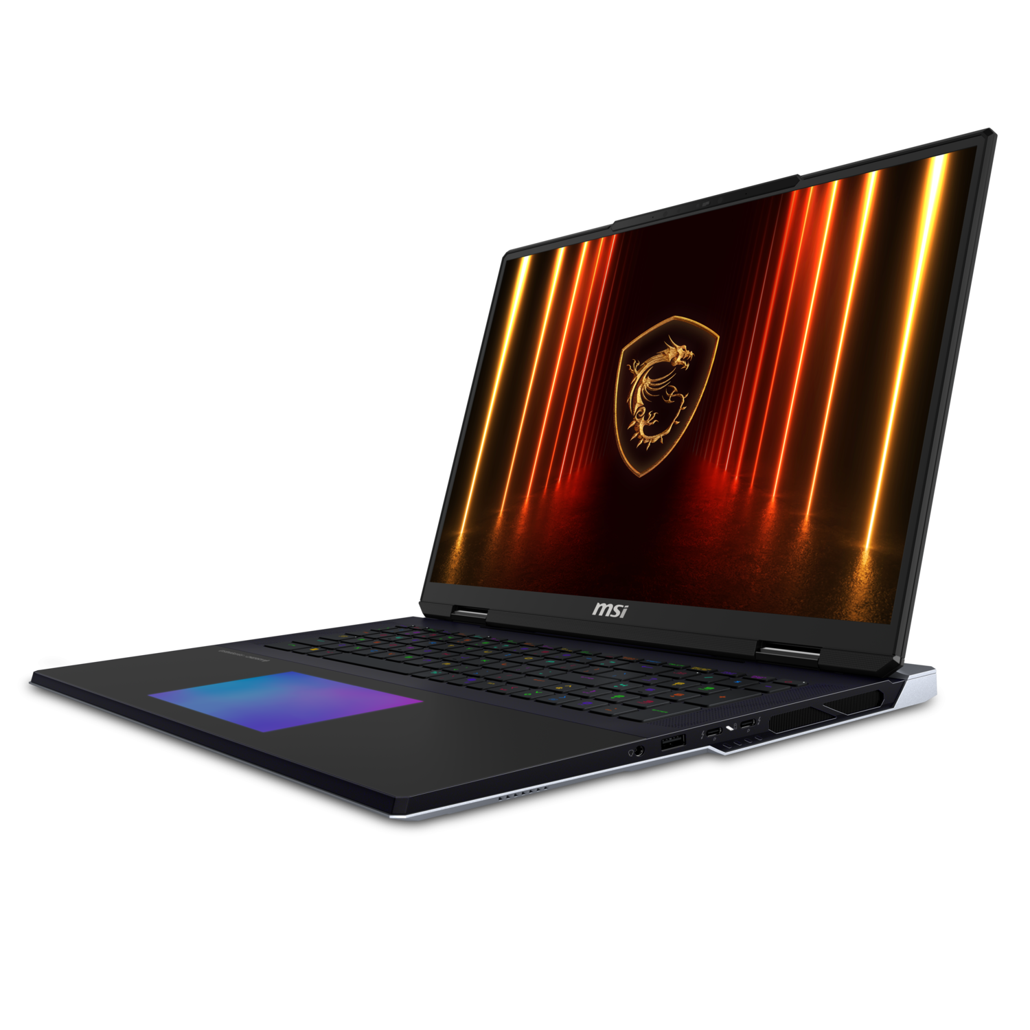 Zwarte MSI-laptop, open, drakenlogo op scherm, oranje en gele achtergrond. Zwarte achtergrond.