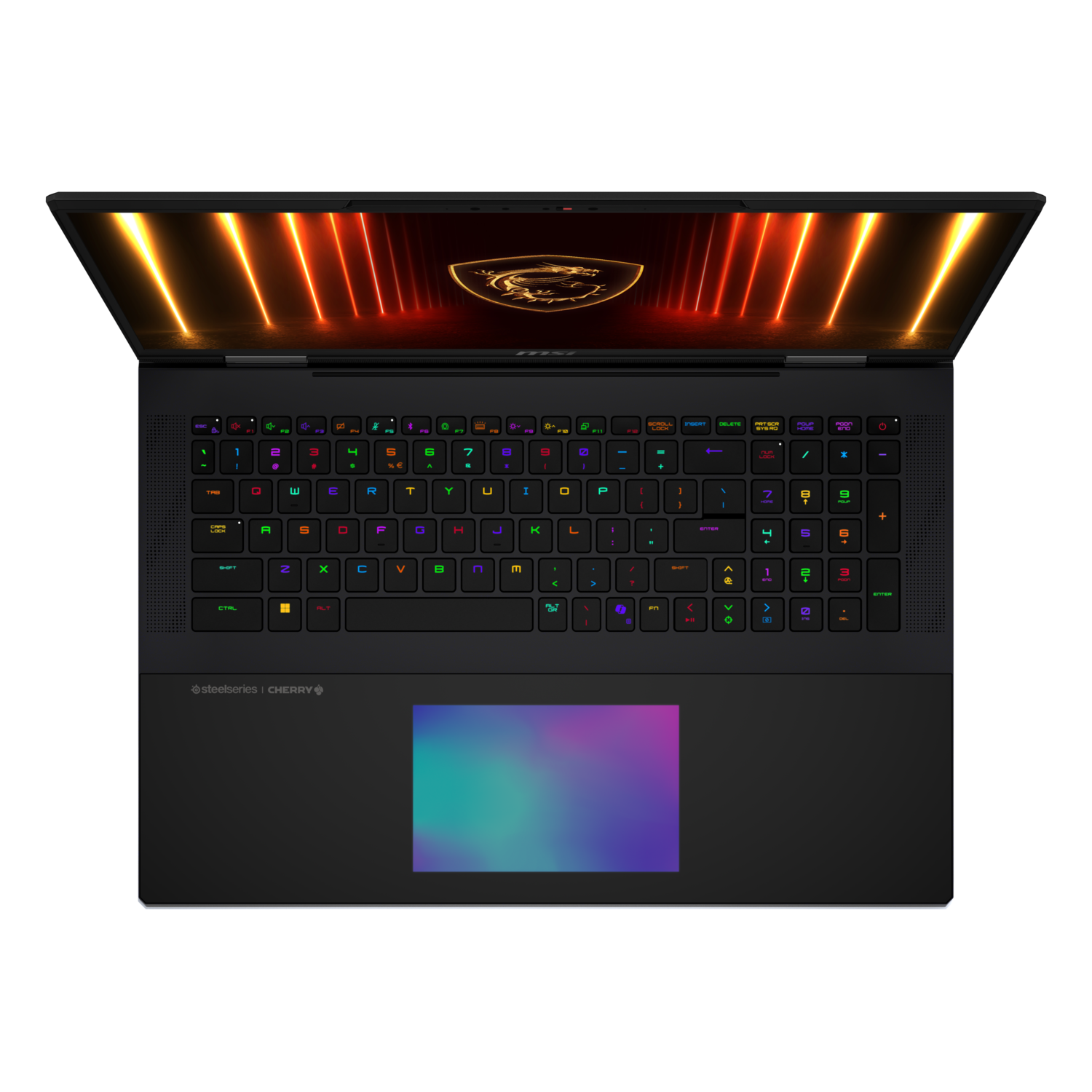 Black MSI laptop, top view, lit keyboard, dragon logo on screen, orange and yellow. Black background.