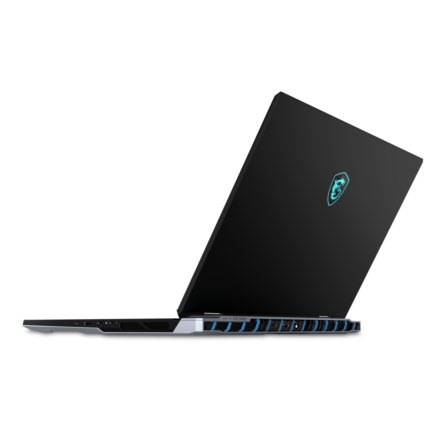 Black laptop, rear view, glowing blue dragon logo. Black background.