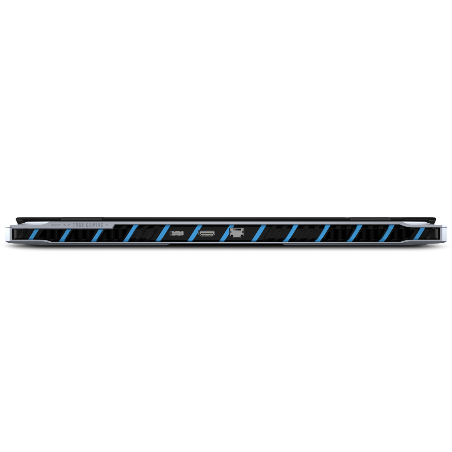 Laptop side view, ports visible, black and silver design. Black background.