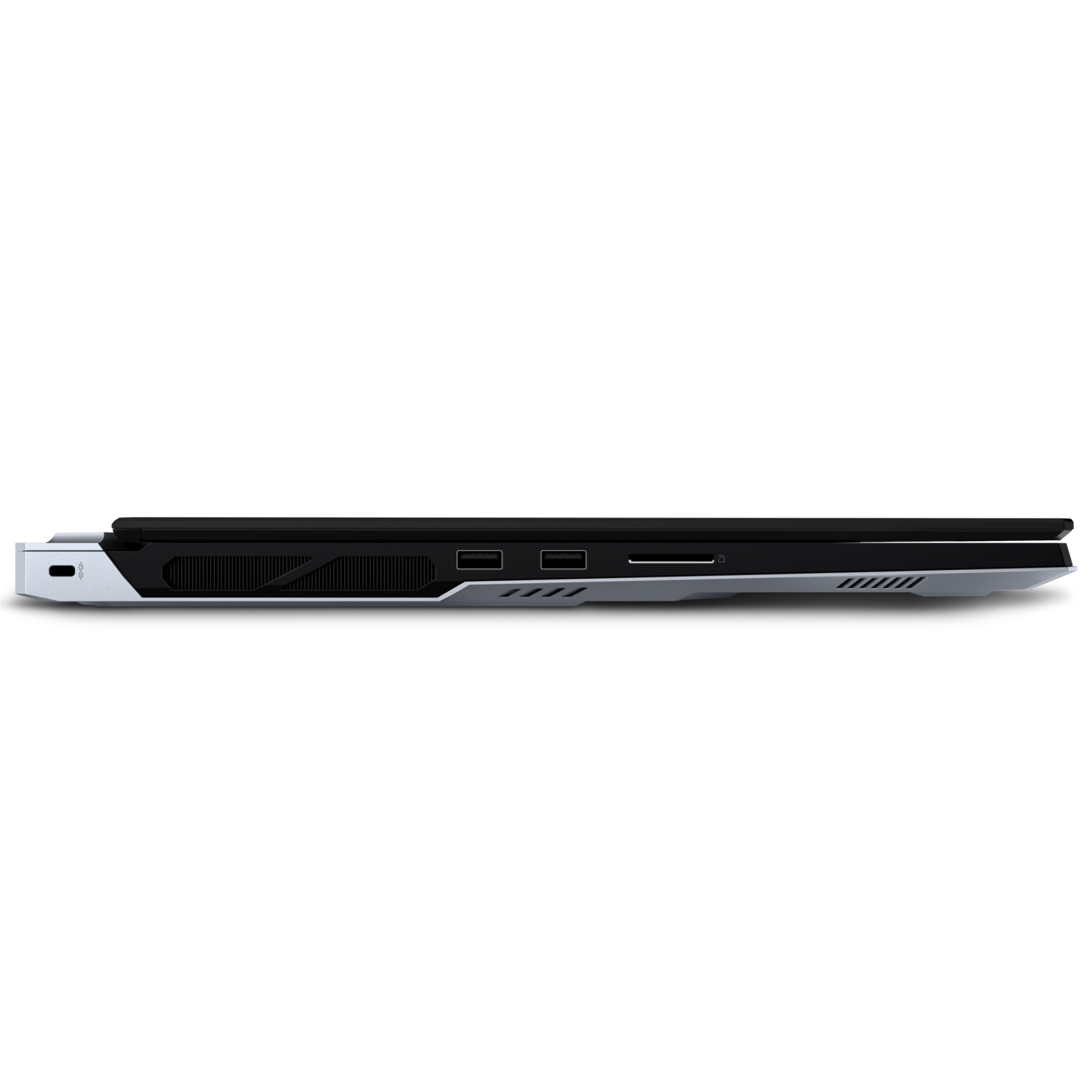 Laptop side view, black and silver design, ports visible. Black background.