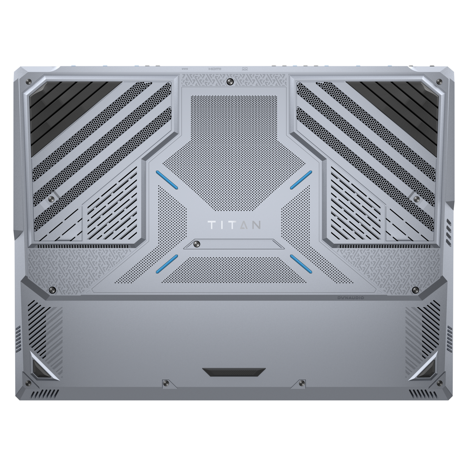 Laptop base, silver with Titan logo, Dynaudio. Black background.
