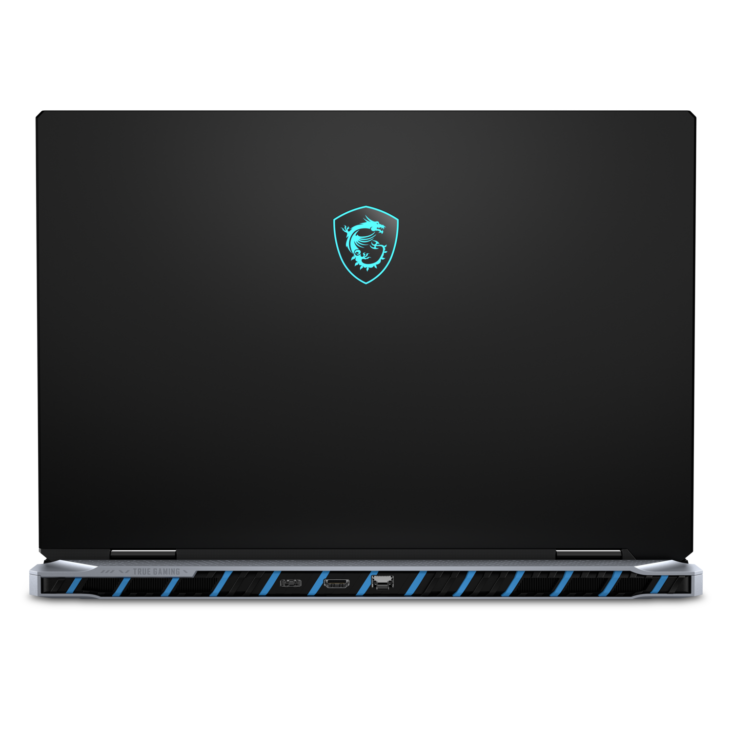 Black laptop, back view, glowing blue dragon logo. Black background.