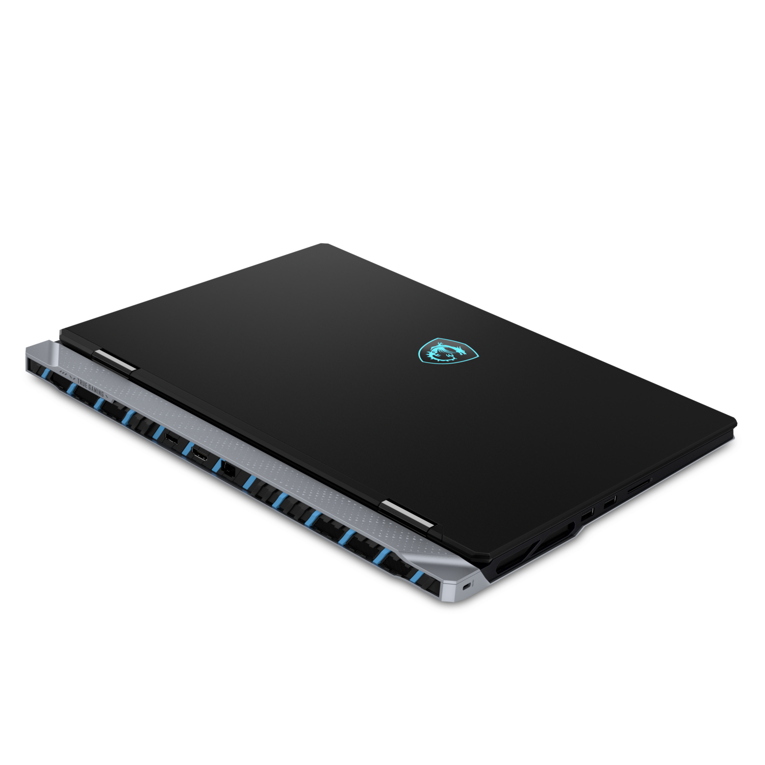 Black laptop, side view, glowing blue dragon logo. Black background.