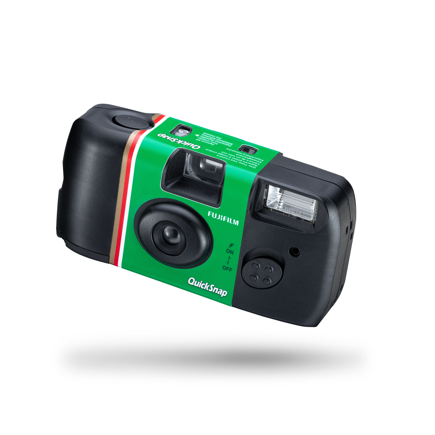 Appareil photo Fujifilm QuickSnap, vue en angle. Corps vert, rayures rouges et blanches. Fond noir.