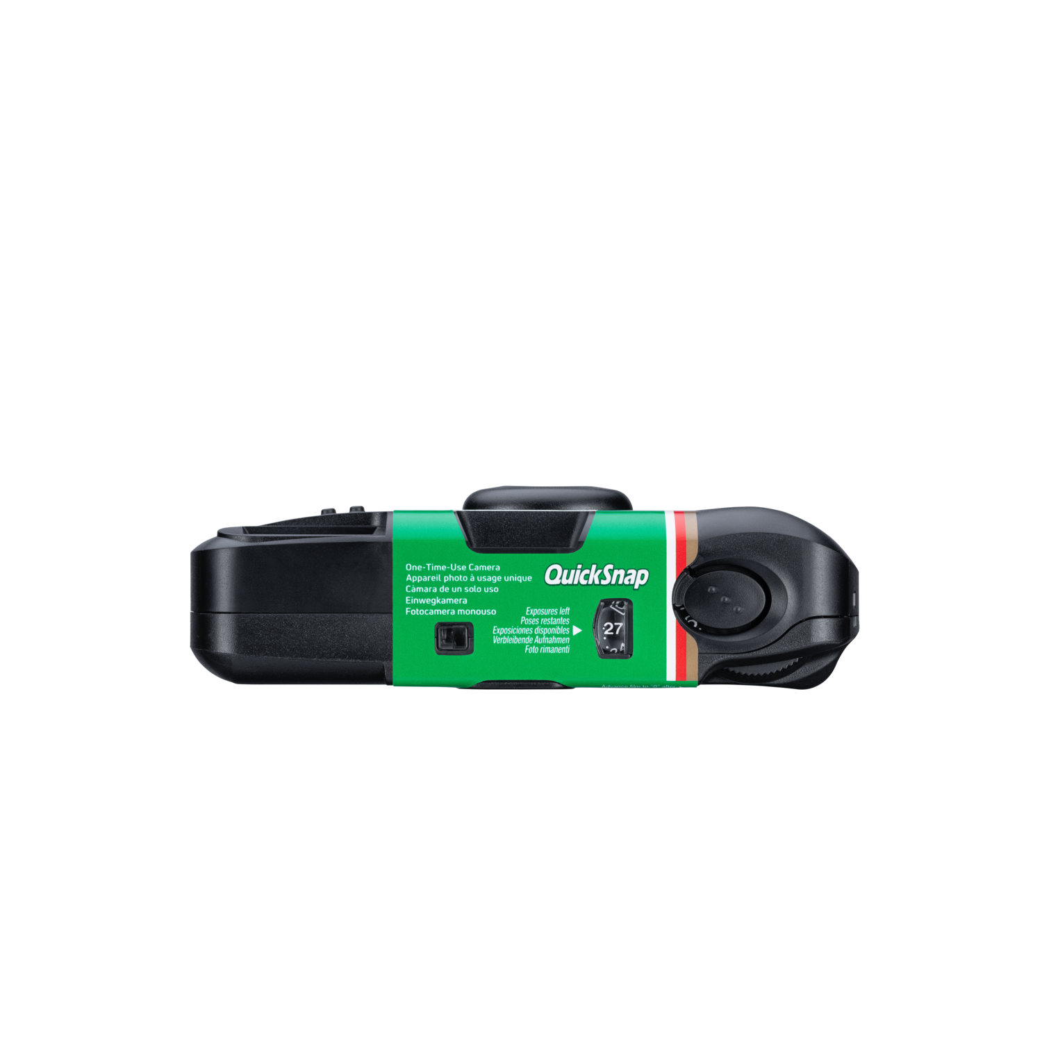 Un appareil photo Fujifilm QuickSnap noir, vert et rouge sur fond blanc.
