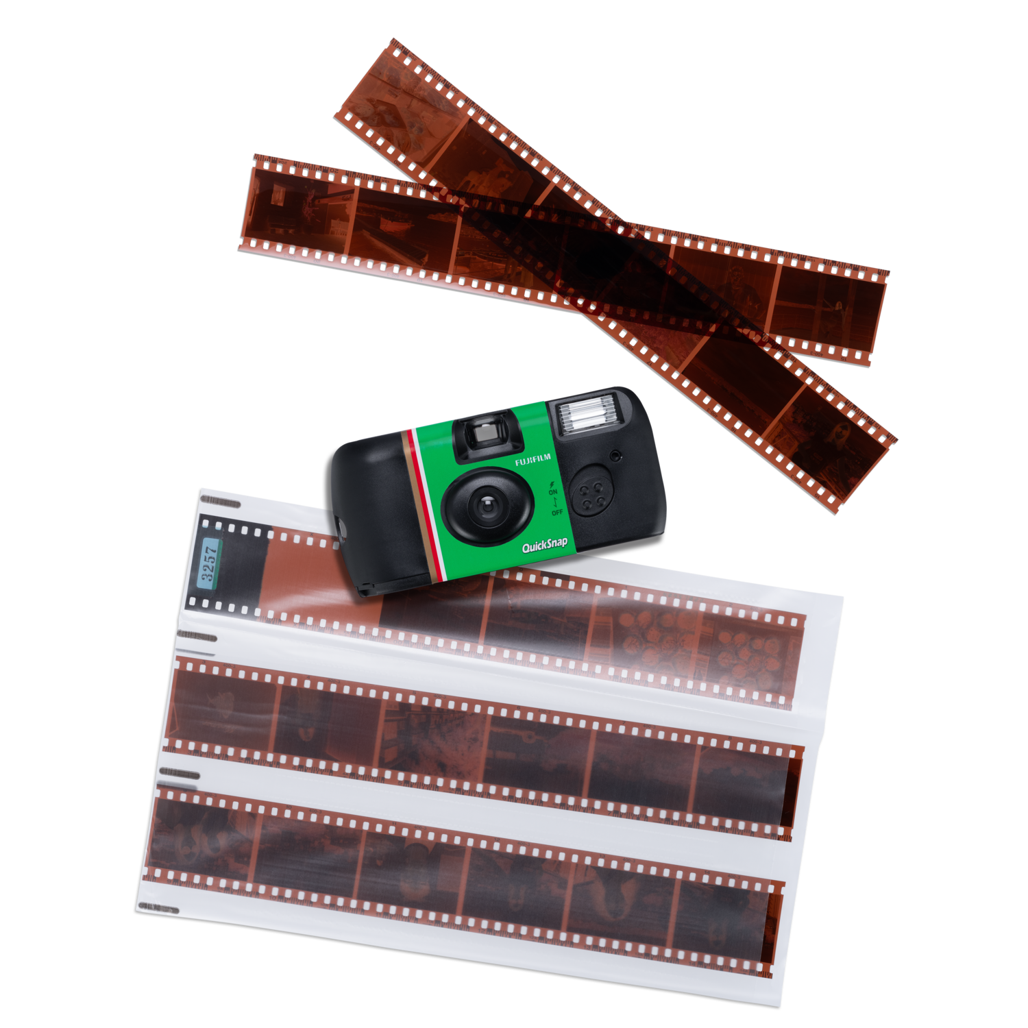 Appareil photo QuickSnap vert avec des bandes de film sur fond noir.
