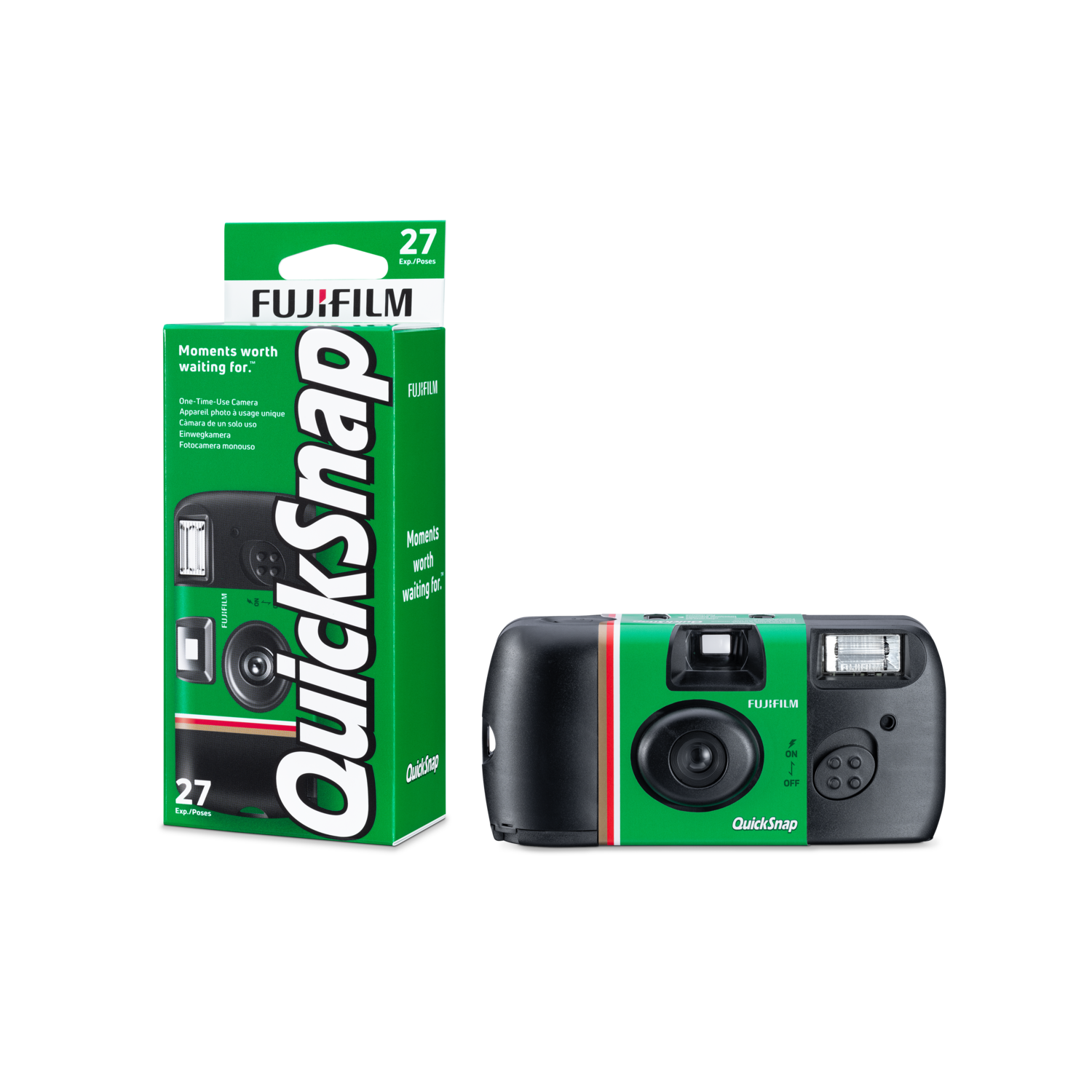 Appareil photo QuickSnap et boîte sur fond noir.
