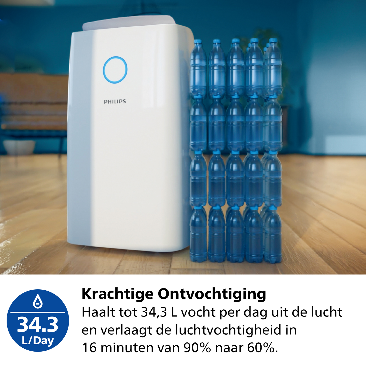 White dehumidifier with blue circle. Stacked water bottles on the right. Wooden floor.