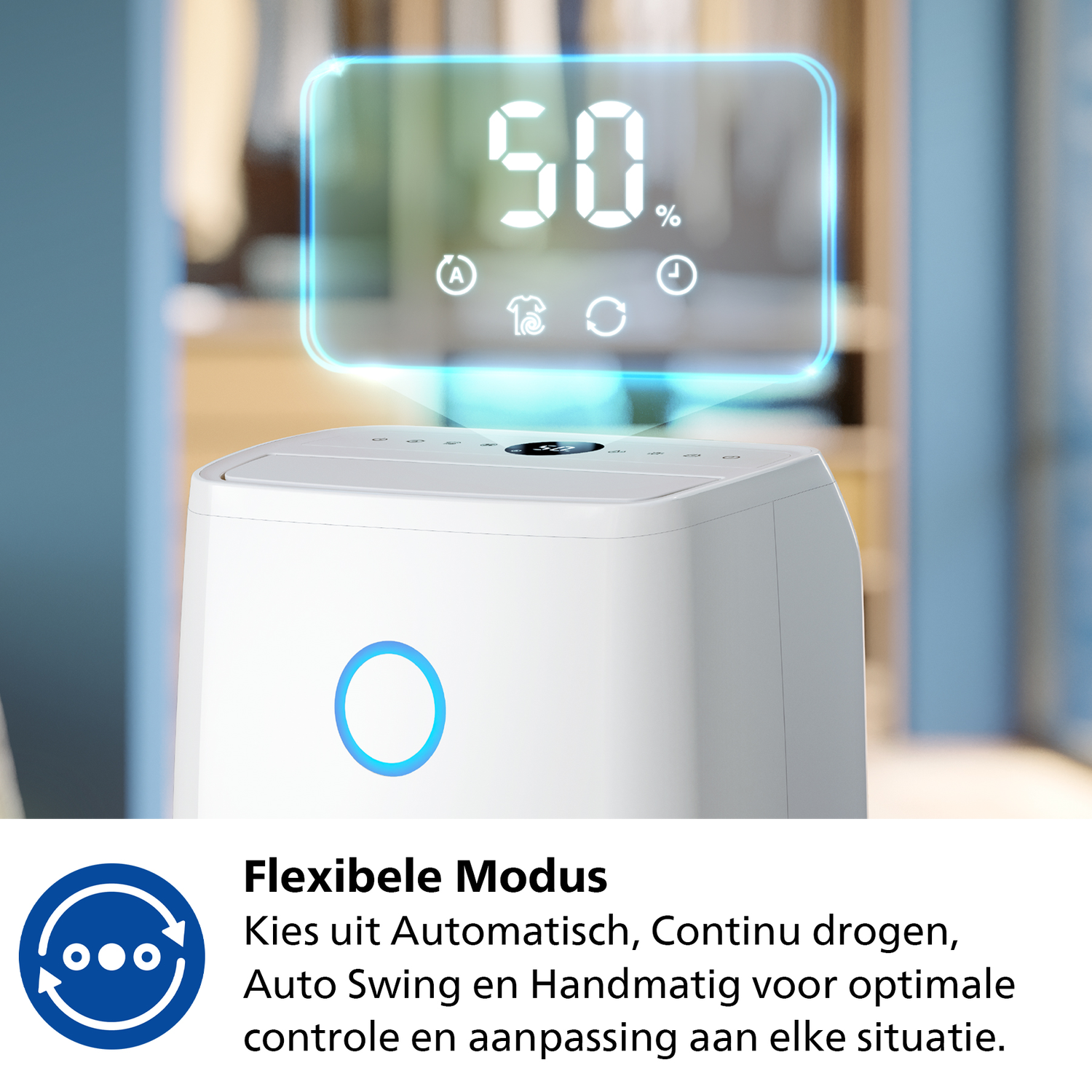 Close-up of a white dehumidifier. Digital display shows 50%. Blue light around the display.