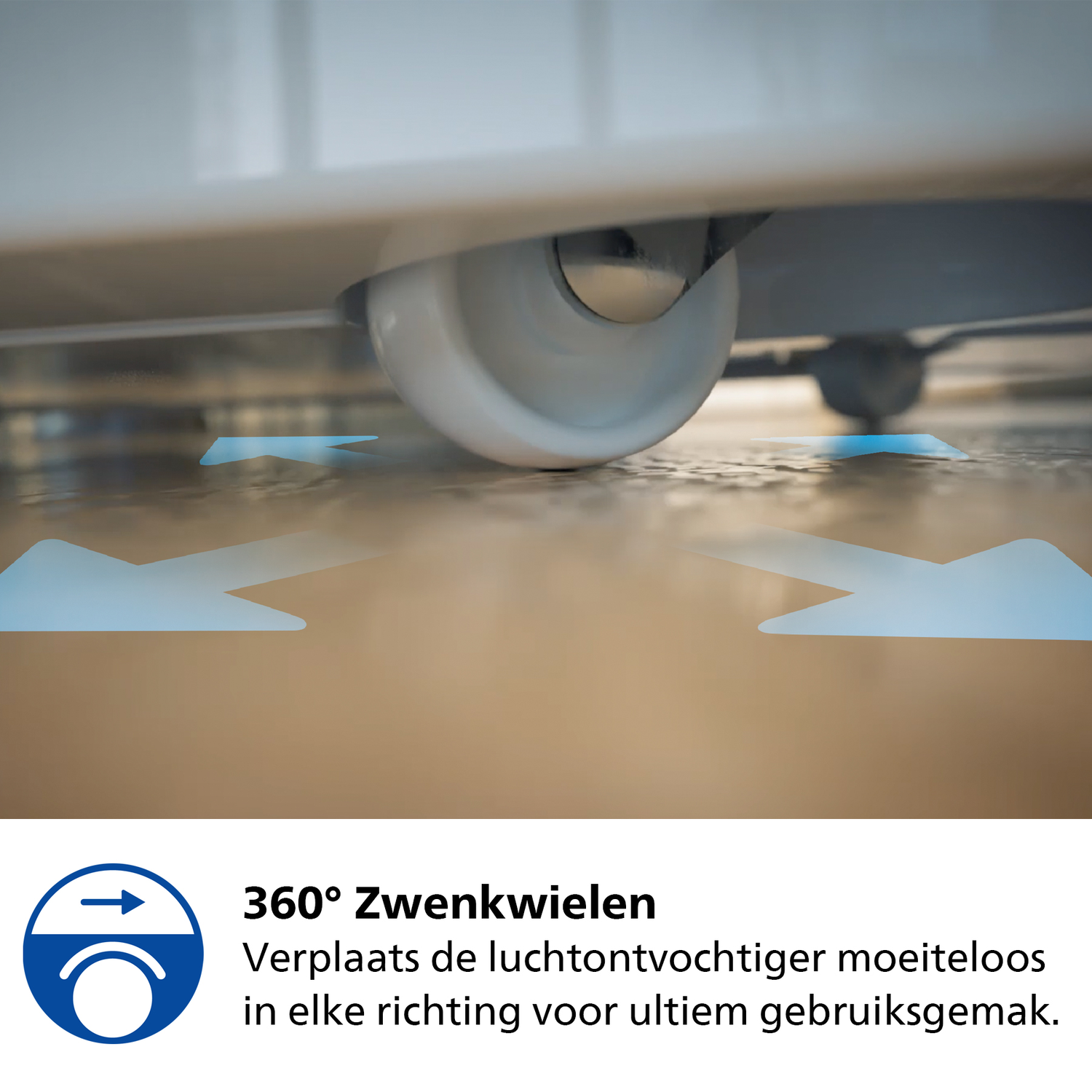 Close-up of a white dehumidifier on wheels. Blue arrows illustrate movement direction.