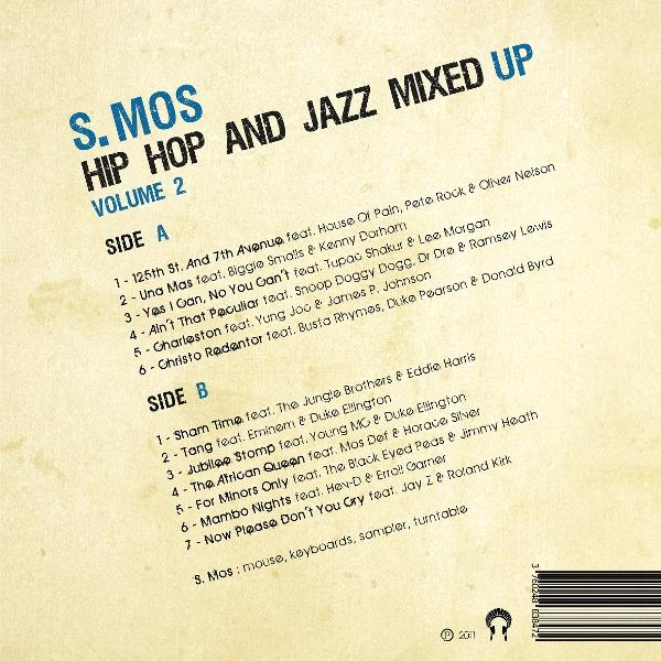 Albumcover: 'S. Mos Hip Hop And Jazz Mixed Up Volume 2'. Listet Songs und Künstler, Seite A und B.