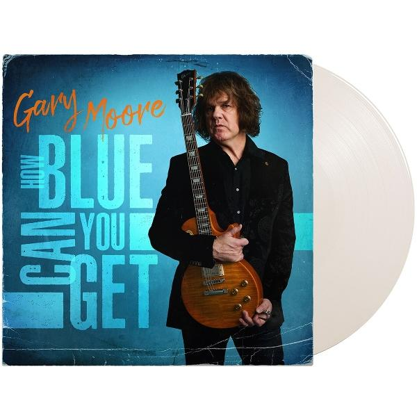 Albumcover: Gary Moore, hält eine Gitarre. Text: 'How Blue Can You Get'. Schallplatte rechts.