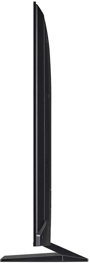 Seitenansicht eines schwarzen Flachbildfernsehers. Er steht auf einem Ständer. Der Bildschirm ist dünn und hat eine gebogene Form.
