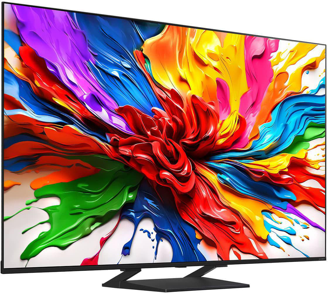 Ein moderner TV-Bildschirm mit farbenfroher abstrakter Kunst und einem schwarzen Ständer.