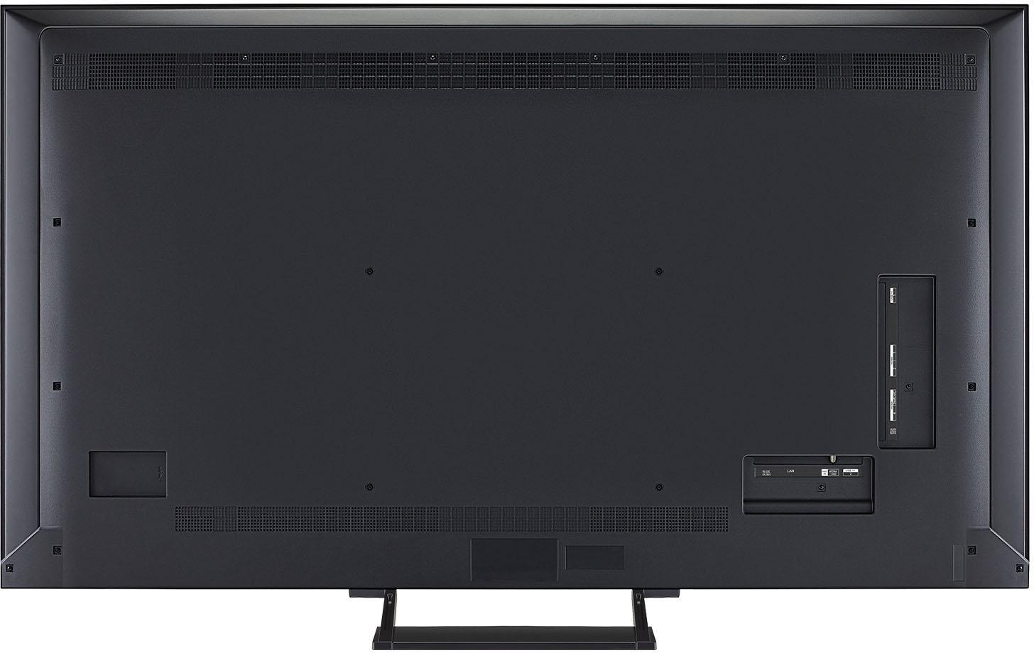 Die Rückseite eines schwarzen Fernsehers, die Anschlüsse und einen Ständerfuß zeigt.