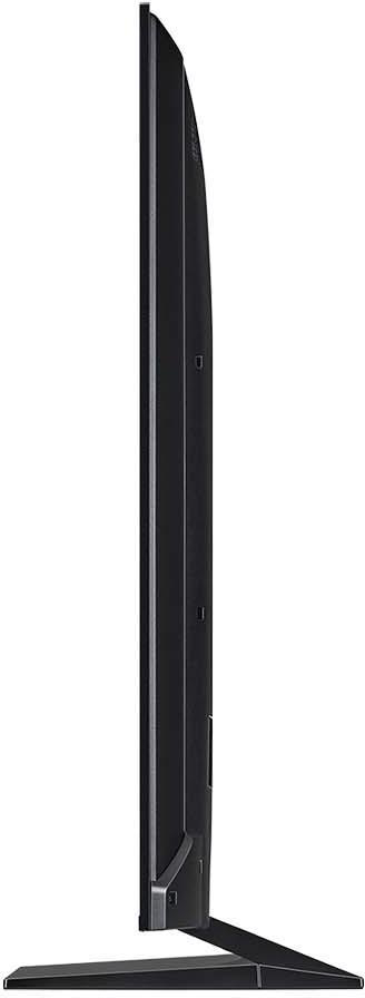 Ein schwarzer Fernseher von der Seite gesehen, der sein schlankes Profil und den Ständer zeigt.