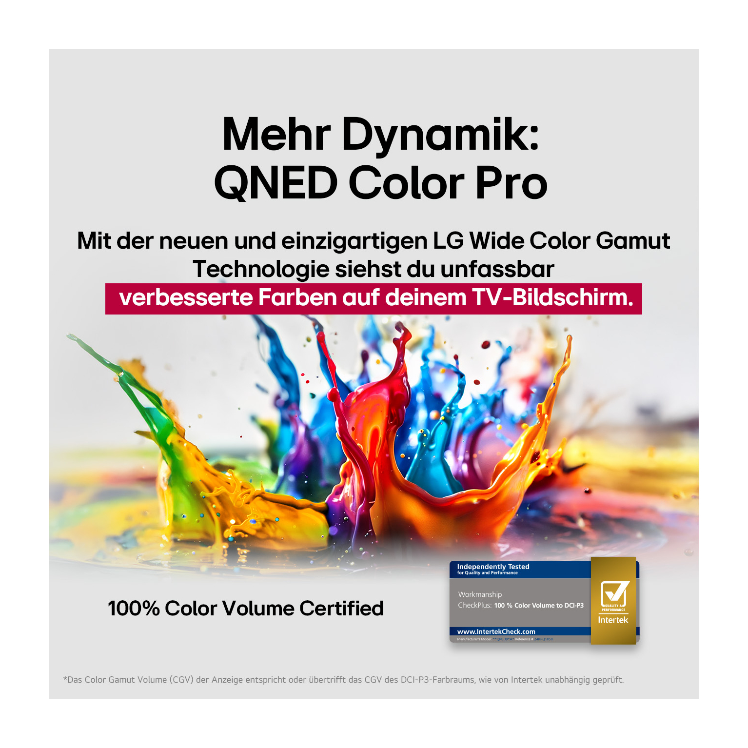 Bunte Farbspritzer mit Text über QNED Color Pro und Farbvolumenzertifizierung.